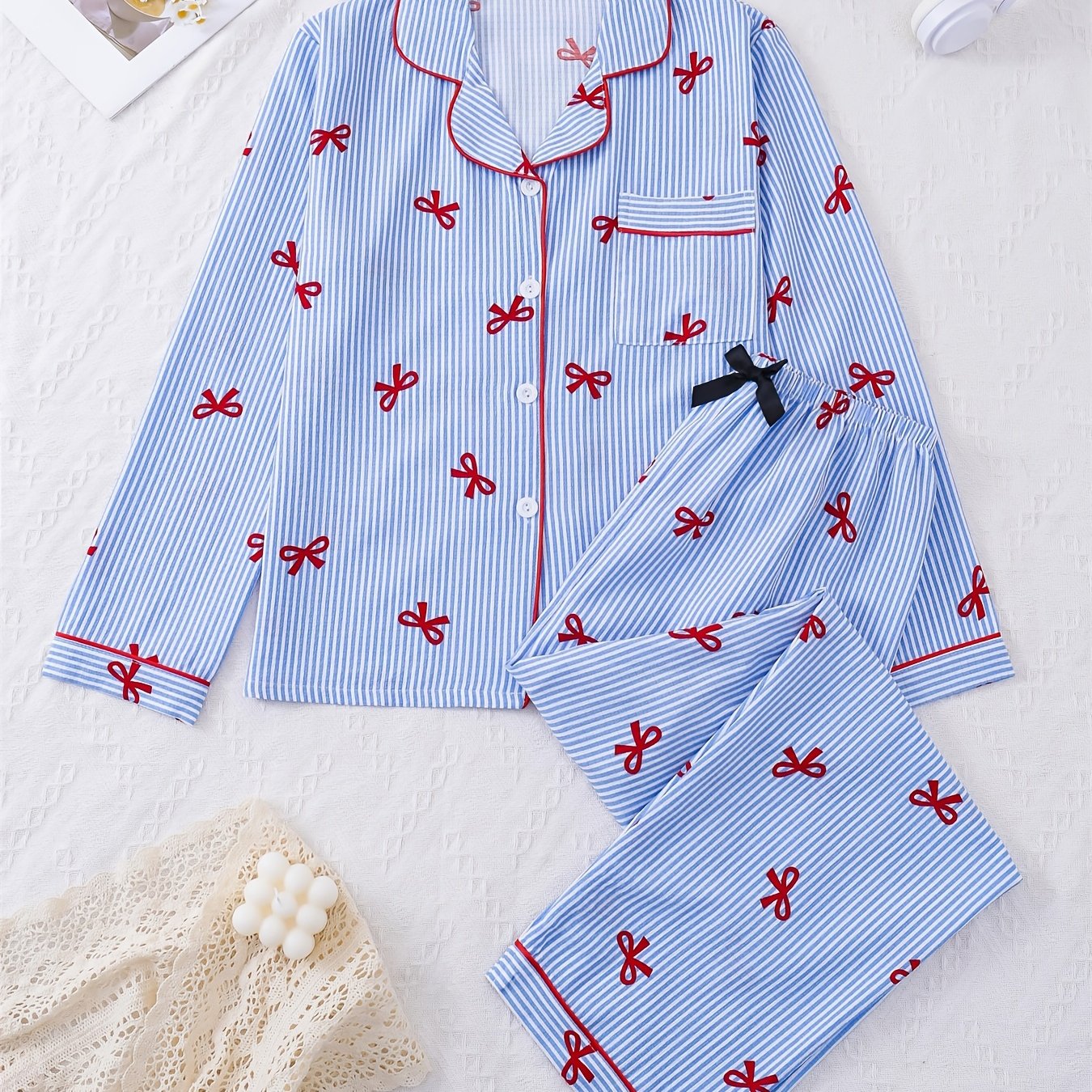 TEMU Women's Blue Striped 2pcs Bow Print Pajama Set, Long Sleeve Cardigan And Elastic Waist Long Pants, Comfortable Sleepwear And Casual Loungewear