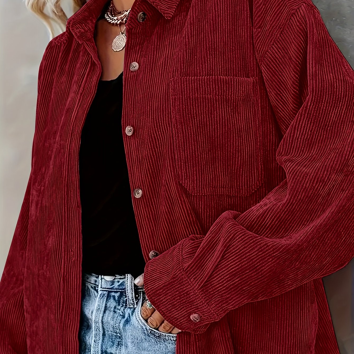 Plus Size Women's Casual Long Sleeve Corduroy Button-up Shirt - , Solid Color, Relaxed Fit, Machine Washable, Wear, Elegant Long Sleeve Button Blouses