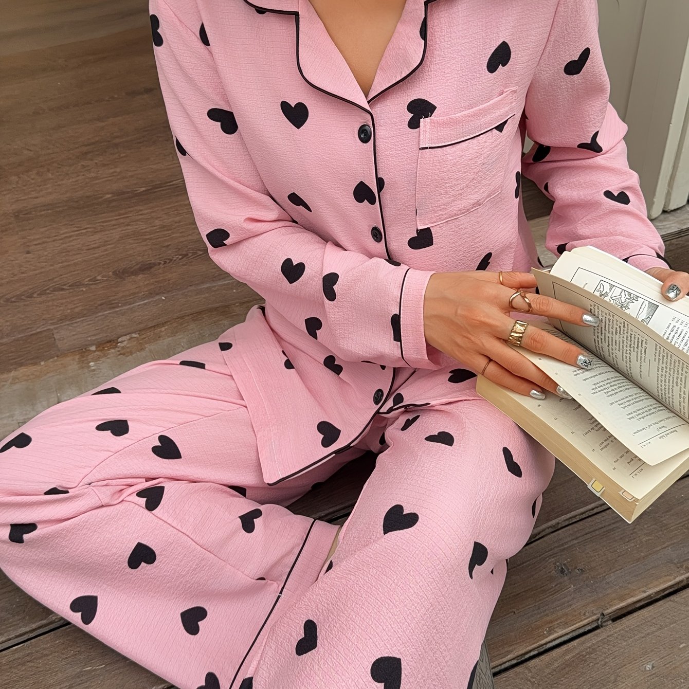 TEMU Love Heart Printed Women's Long Sleeve Pajama Set