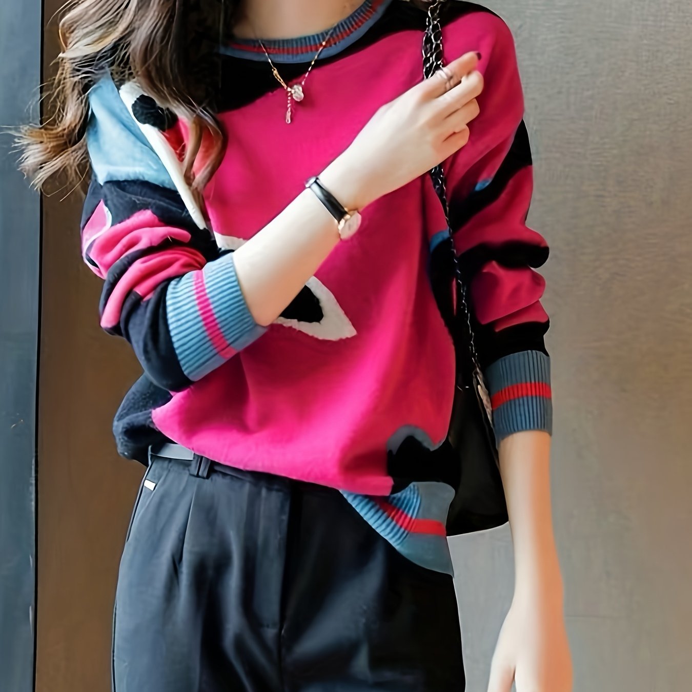 TEMU French Chic Unique Top 2025 Autumn Winter Neck Long Sleeve Color Block Loose Sweater Abstract Contrast Color Sweater Women's Fashion Versatile
