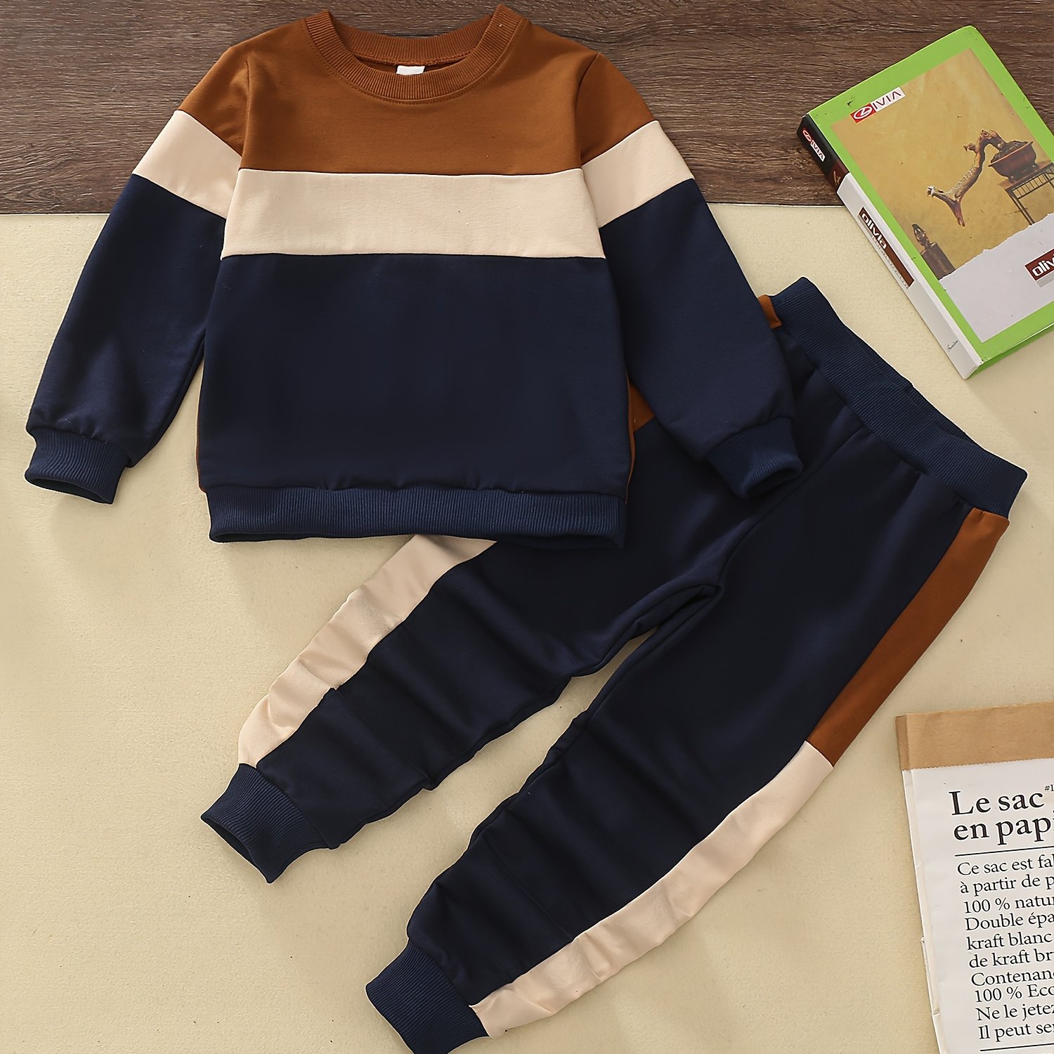 Image of Spring And Tri-color Spliced Long Sleeve Suit 2pcs Suit, Perfect For Outdoor,boys And Girls Clothes