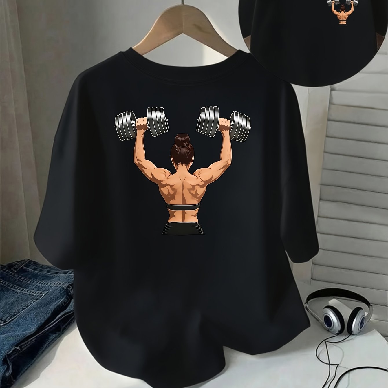 TEMU Front And Back " " Print Women's Short-sleeve T-shirt With Weightlifting Design, Featuring A Round Neckline. Casual And Comfortable, Soft And