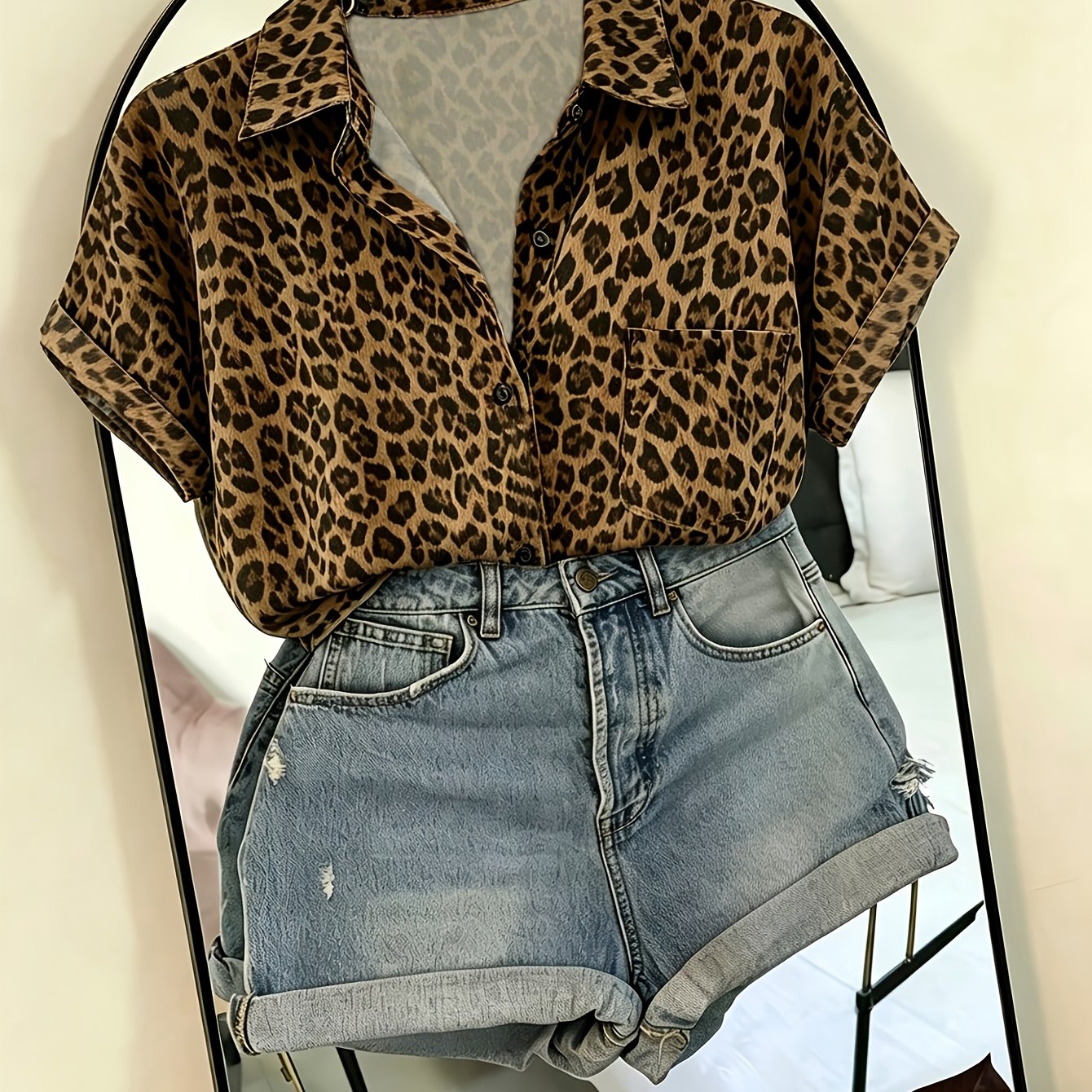TEMU Elegant Leopard Print Asymmetrical Hem Casual Vacation Commuter Women's Shirt