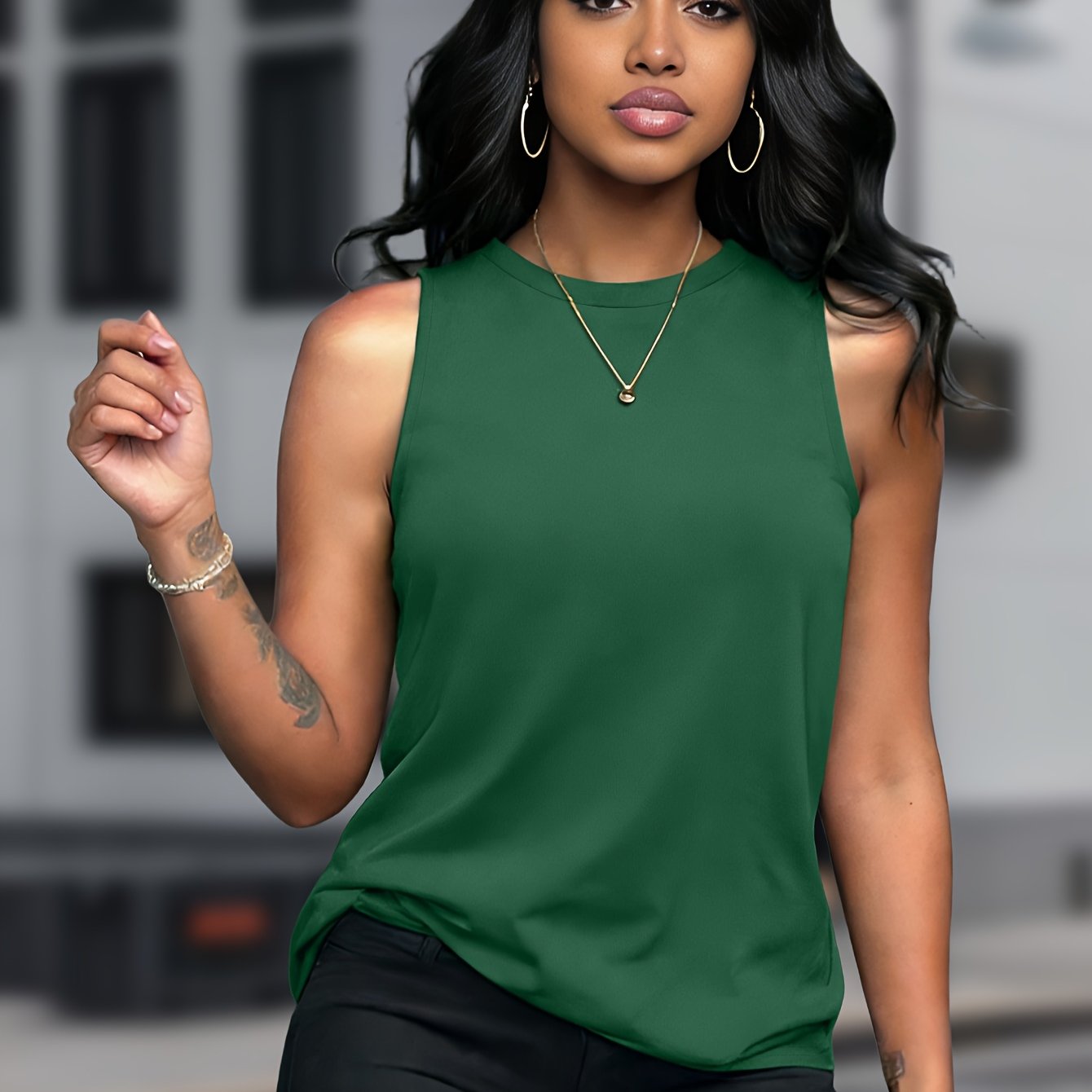 TEMU Blusa Maxi Sin para Mujer en Verde Sólido - Cuello de Fibra , Elástica y Lavable a Máquina, Ideal para -Verano-Otoño, Camiseta Sin de Color