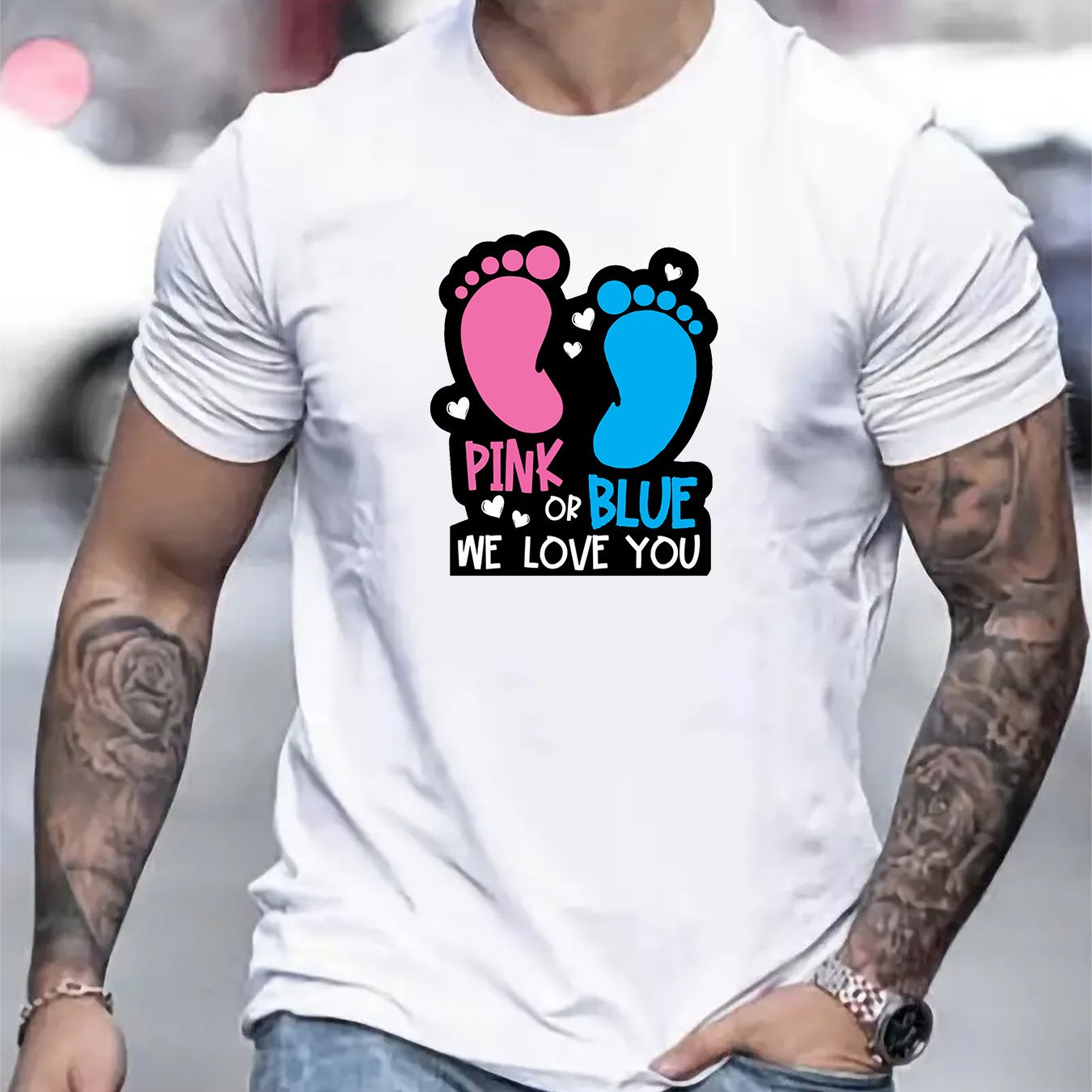 TEMU Men's "pink " Footprint Graphic T-shirt - Soft Cotton, Round Neck, Short Sleeve, Breathable Casual Tee For Casual Attire, Casual Wear Tee | Round Neck Tee | Breathable Material