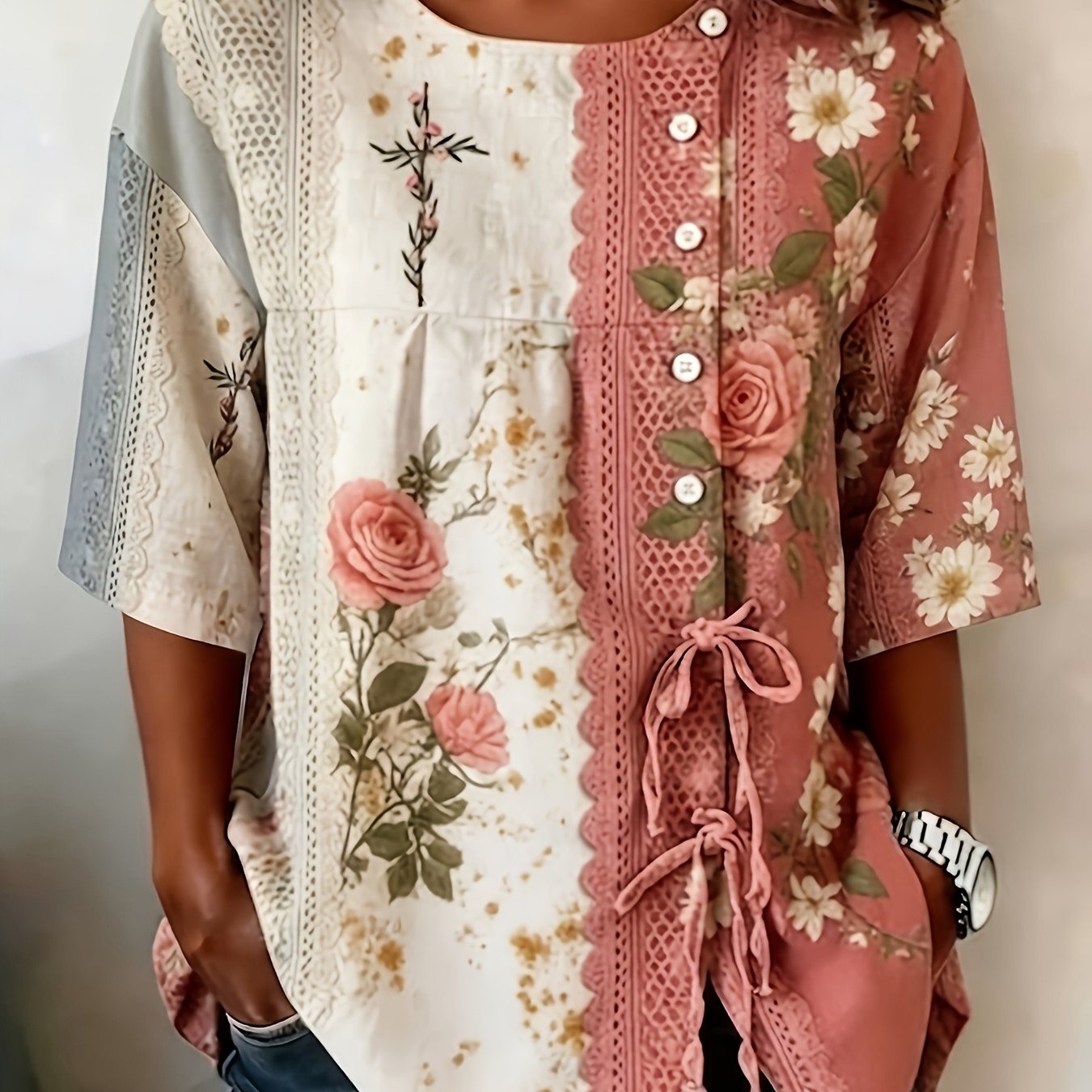 TEMU Plus Size - Women's Clothing, Women's Summer Apparel, Tops, Women's Lace-up Shirt Tops, Elegant Outfits, Pink And White Lace Rose Print Shirt,