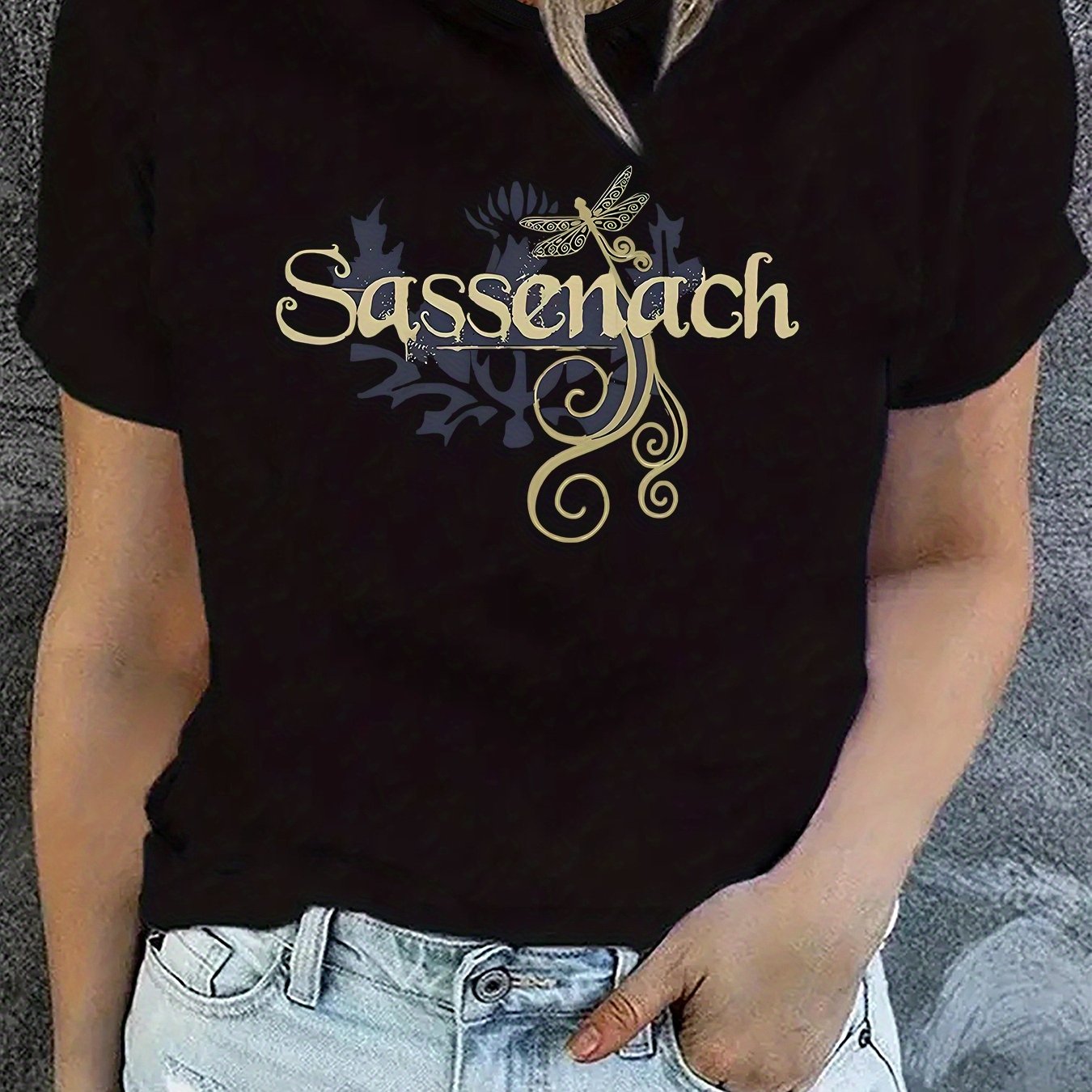 TEMU Women's Casual Print T-shirt - Black With Golden , Round Neck, Short Sleeve, Stretch Fabric, Comfortable Top For Casual Attire, Versatile