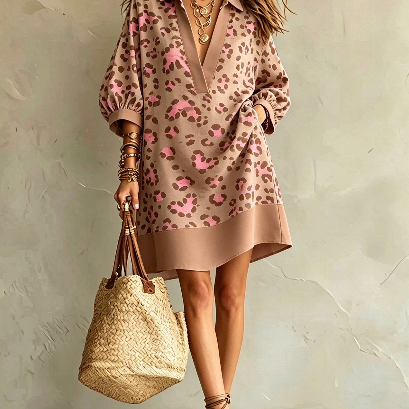 Image of Women's Summer Dress, -brown Color Block Leopard Print, Lapel V-neck, Loose Straight Short Version, Retro , Lightweight Breathable Fabric, , Fits All Body Types, Suitable For Daily , Be