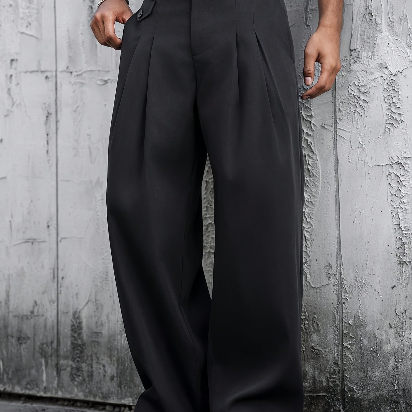 TEMU Men's Loose-fit Wide-leg Straight-cut Casual Trousers With Double Pleated Flap Pockets