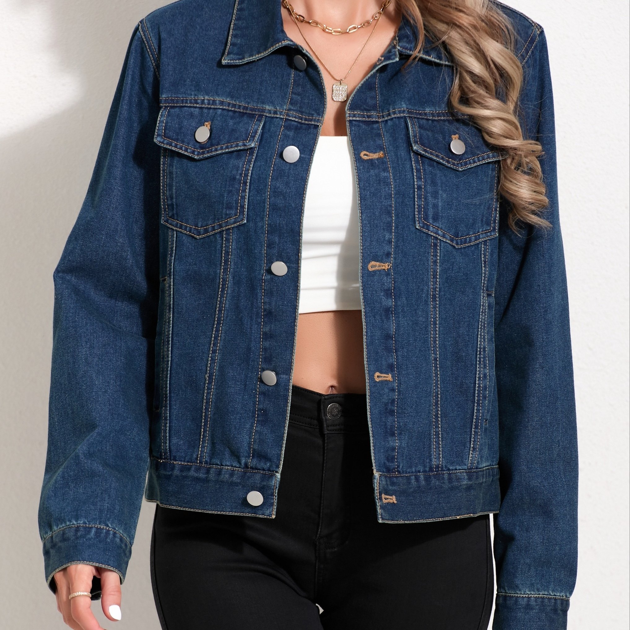 Spring/autumn Vintage Casual Versatile Dark Blue Denim Jacket For Women, Loose Fit Short Denim Top