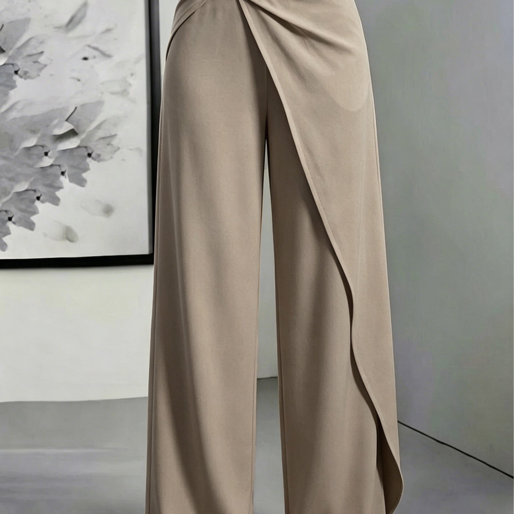 TEMU Pantalon à jambes larges et drapé taille haute pour femmes, nœud torsadé de créateur avec boucle en métal, pantalon long élégant pour les
