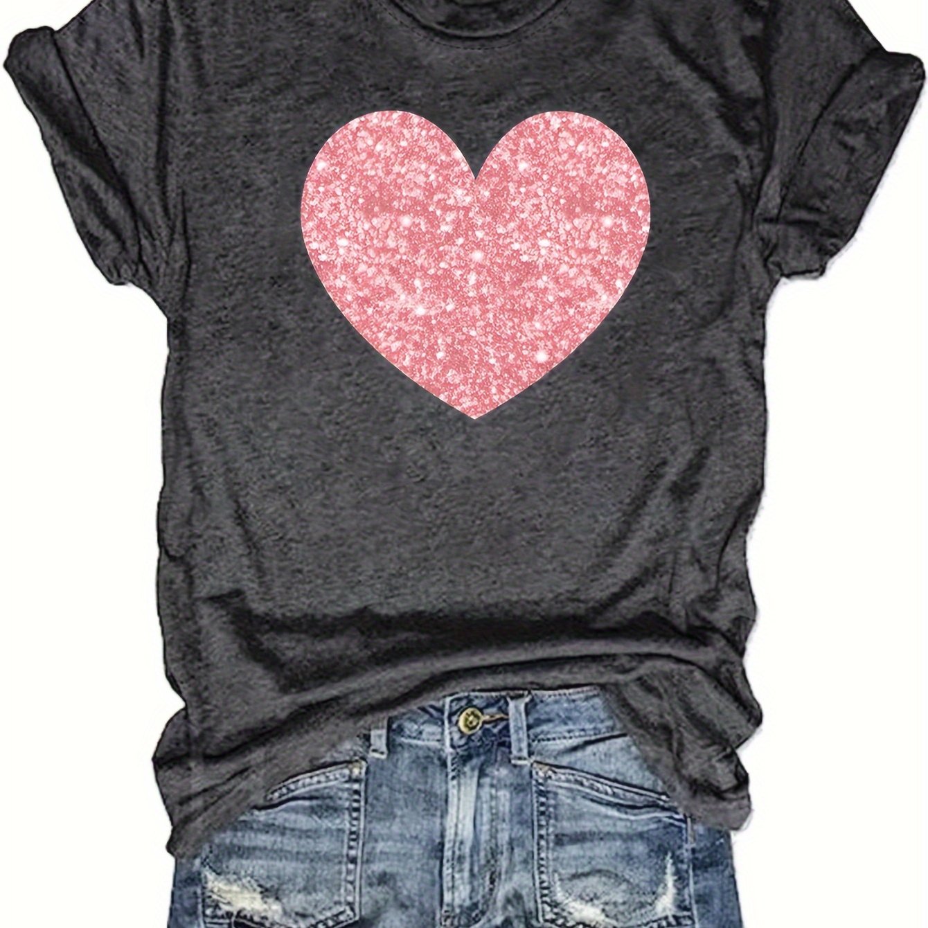 Heart Print T shirt Casual Crew Neck Short Sleeve Top Spring - Temu