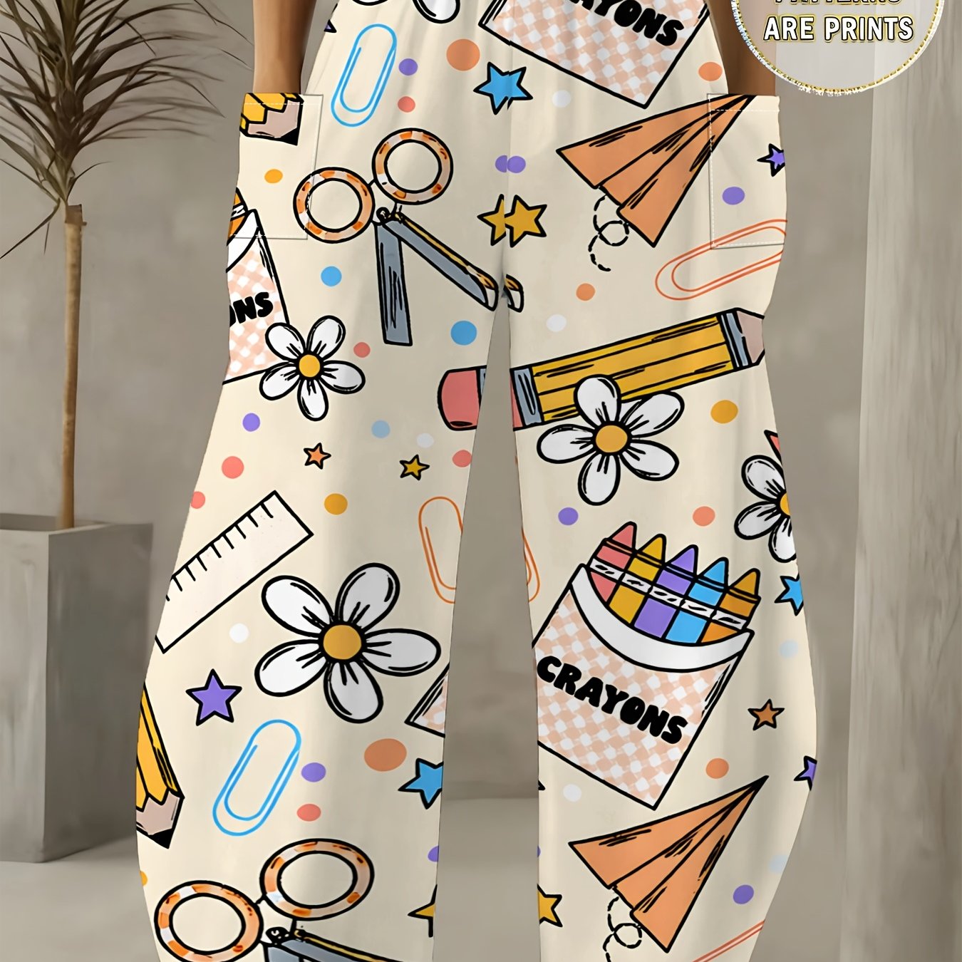 TEMU Women' Size Cartoon Stationery Wide-leg Pants, Full Print Of Crayons, Scissors And Small Daisies, Loose, Figure-flattering& Retro Casual Pants