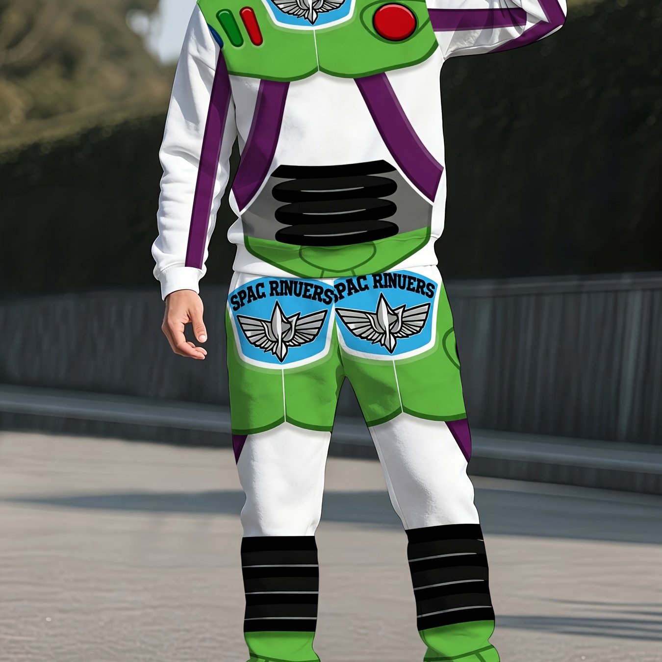 TEMU [Design Imprimé - Non Texturé] Ensemble 2 pièces Sweat-shirt à Col Rond avec Motif Amusant de Style Mecha Space Ranger avec Badge et ID