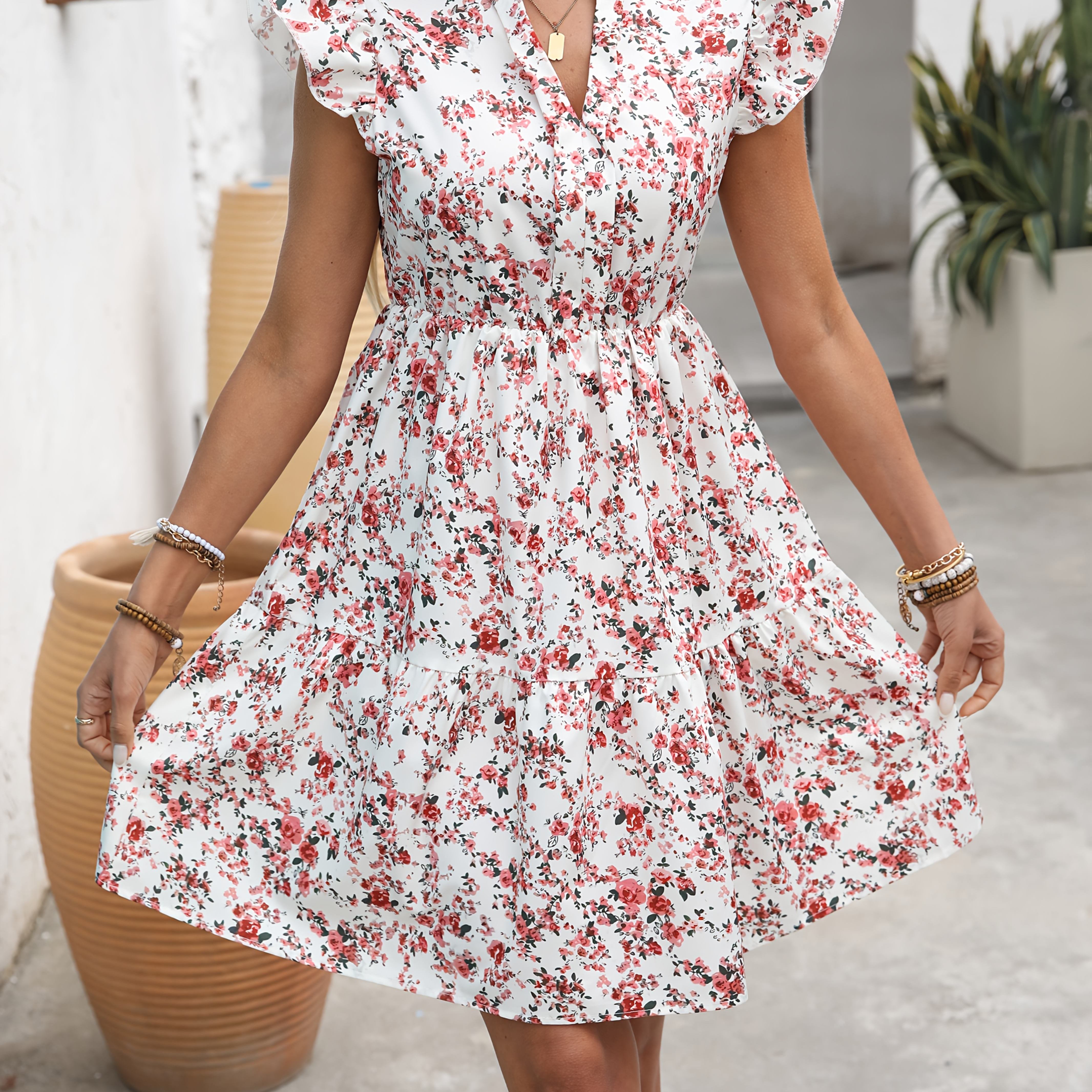 TEMU Women's Summer Floral Print Ruffle Hem Notched Collar Mini Dress, 100% Polyester A-line Dress With Flutter Sleeves
