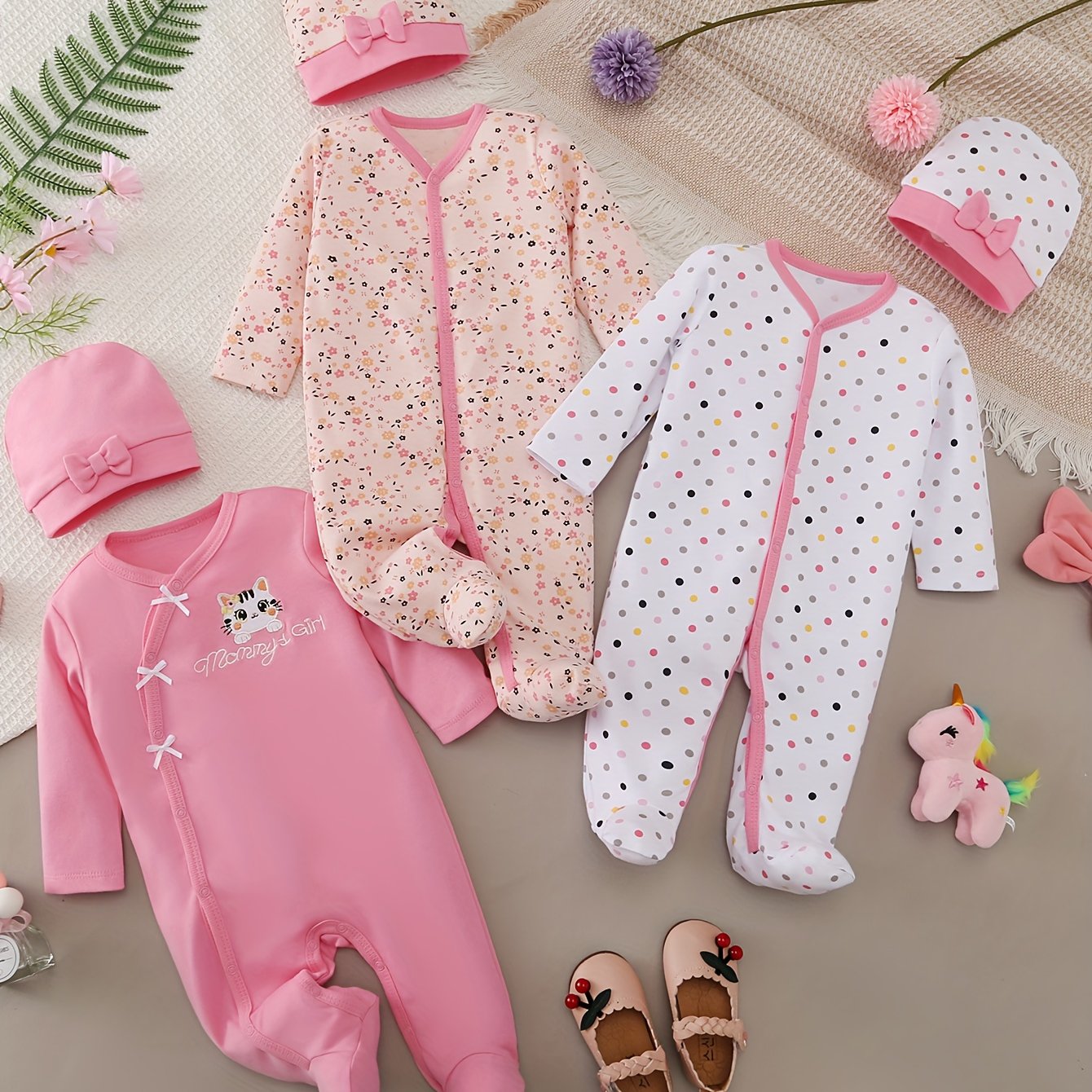 Image of 6pcs Set Of Girl Cartoon & Print Pattern Comfortable And Soft Full-wrap Jumpsuit With Footed Long Climbing Jumpsuit @ Hat, For Outdoor