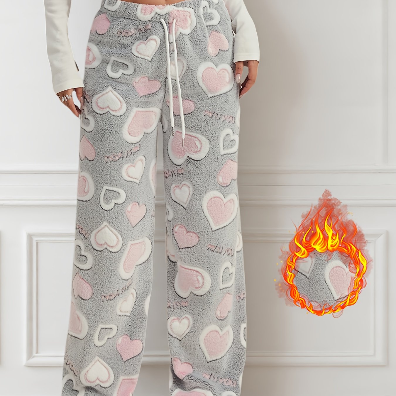 [25aw Home Trends]women's Autumn And Winter Thickened Flannel Long Pants With Double-layer Heart-shaped 3d Pattern, Featuring A Drawstring Belt, Suitable For Outdoor, Indoor Leisure, And Sleepwear