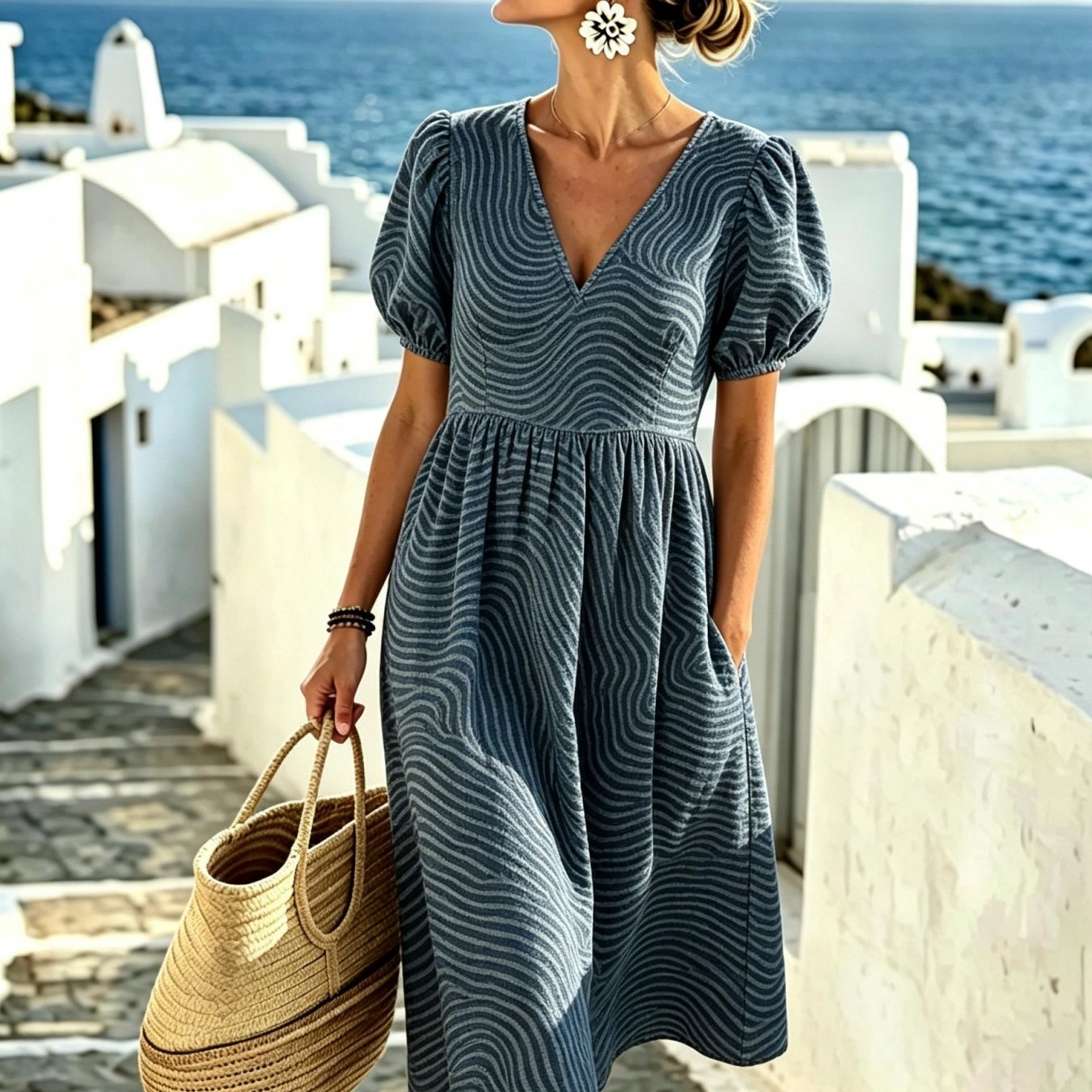Image of Women's Summer V-neck Dress Blue Fine Pattern Puff Short Sleeves Elegant, Exquisite Fashionable Machine Washable With Pockets Suitable For Daily Wear Party Gatherings Perfect Gift