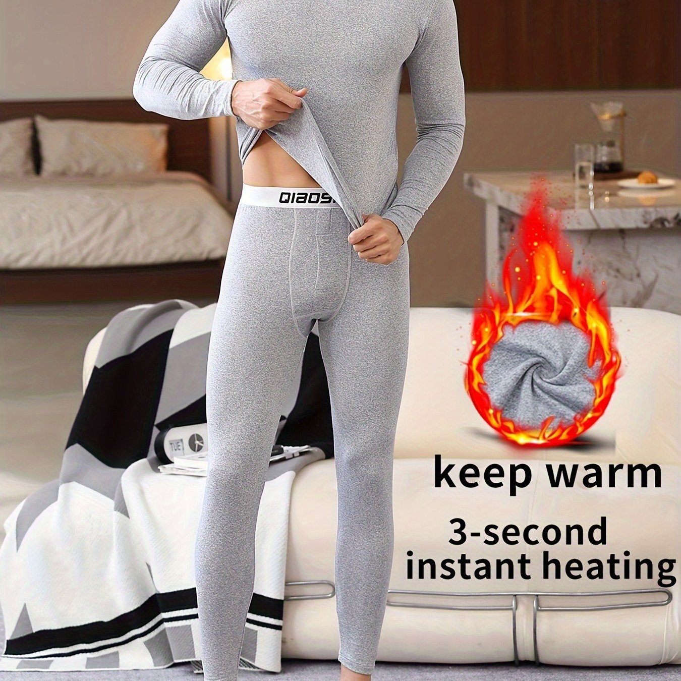 TEMU Men's Stand Collar Warm Underwear Set With Lining, Thermal Insulation, Cold Protection, Comfortable Mid-neck Elastic Set, Autumn And Winter Long