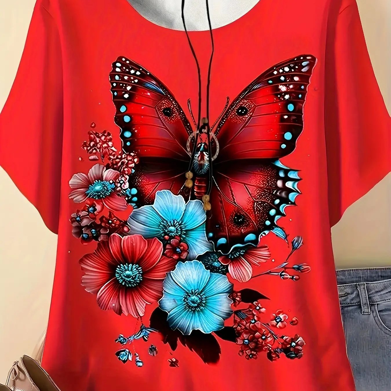 TEMU Women's Floral Print T-shirt- Vibrant Pink And Purple Design, Spring Summer Short Sleeve Round Neck Casual Top, Summer Top| Vibrant Printed Top|