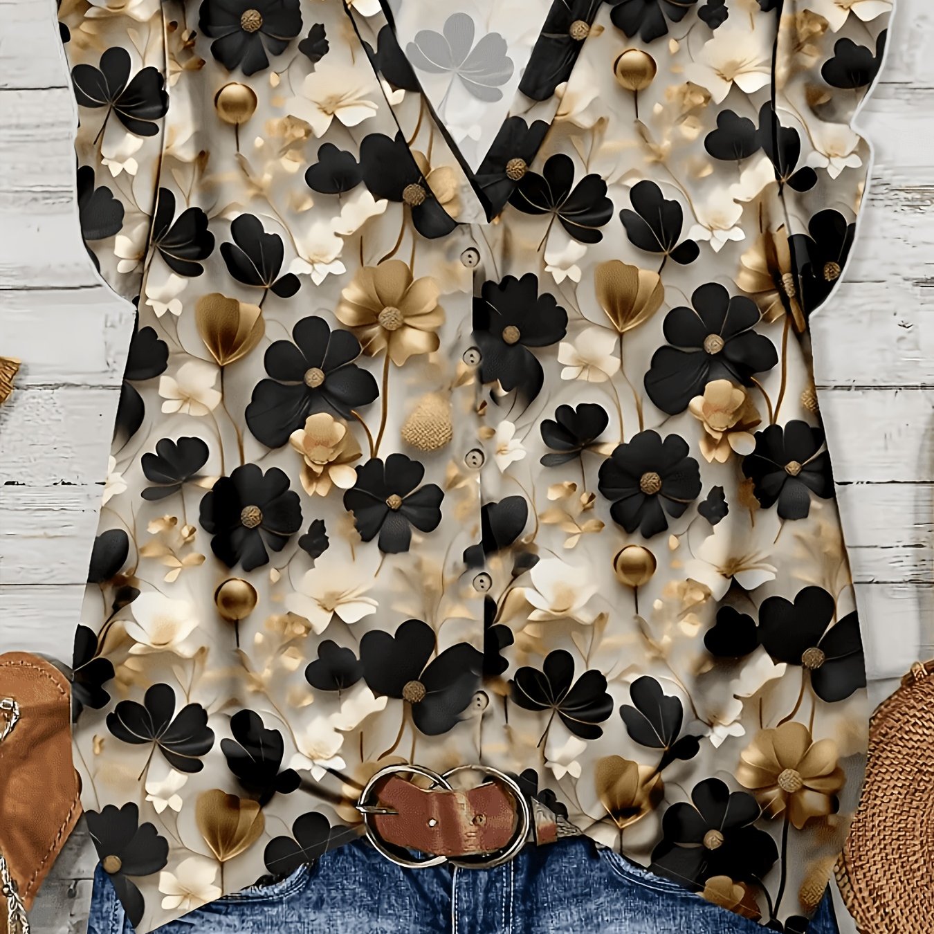 TEMU Elegant Special Edition Women's Spring And Summer New Printed V-neck Pullover For Casual Everyday Wear