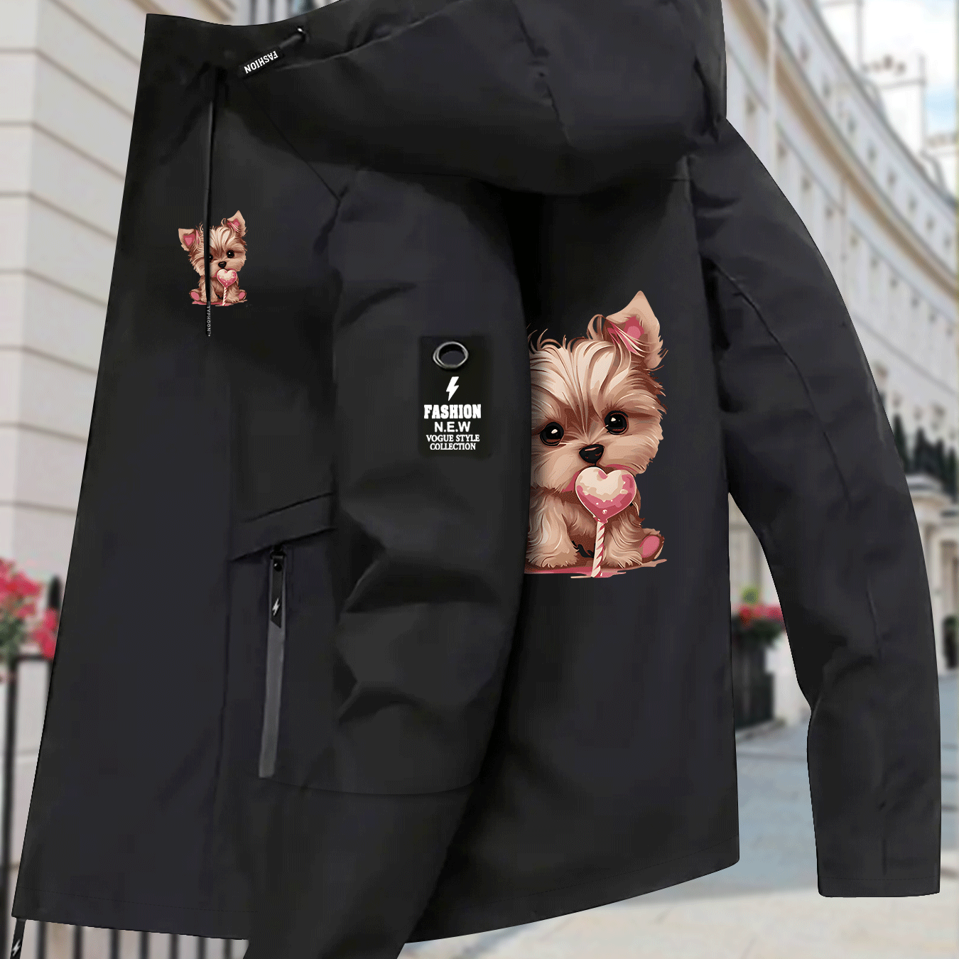 TEMU -themed Yorkshire Terrier Patterned Windbreaker, Lightweight And Breathable Women's Jacket For Everyday Commuting And Autumn