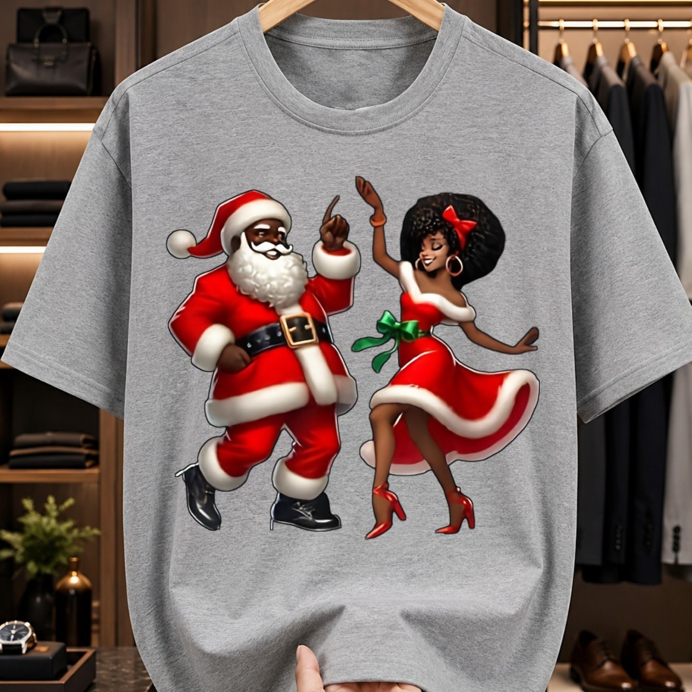 TEMU African Santa Dancing Graphic T-shirt Vintage Christmas Party Outfit Soft Breathable Crew Neck Unisex Holiday Gift For Men Sizes S To Xxxl