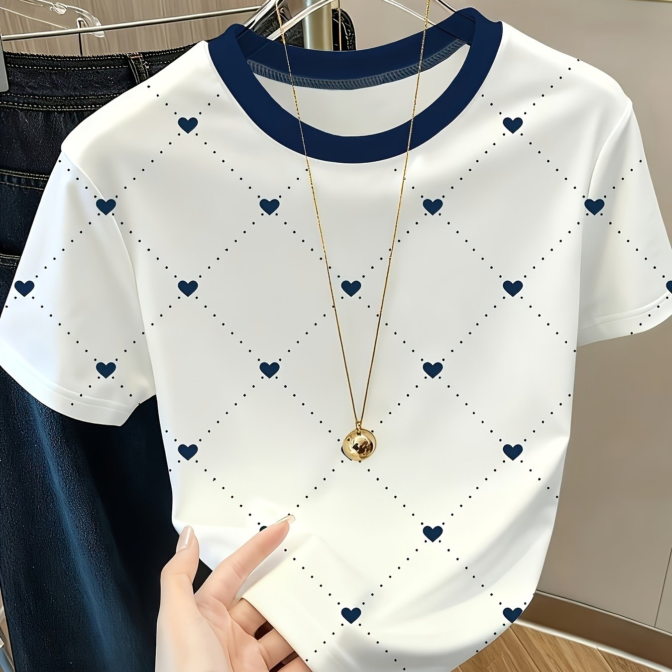 TEMU Plus Size Women's Fashion Heart -block Neck Casual T-shirt
