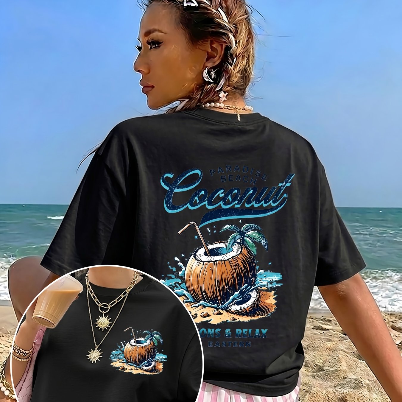 TEMU Coconut, Waves, Beach And Palm Trees, Tropical Beach Pattern Printed Women's Summer Round Neck Casual All- T-shirt, Daily Home And Outdoor/gift