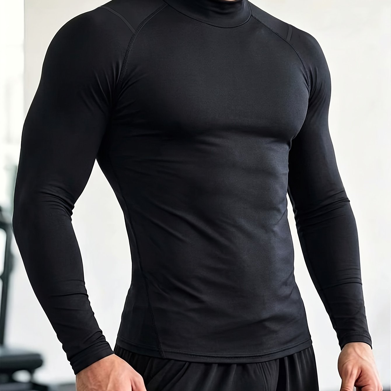 TEMU Men's For Sports Fitness High-neck Solid Color Quick-dry Long-sleeve Shirt, With Breathable Elastic Fabric, Tight-fitting Style, Suitable For