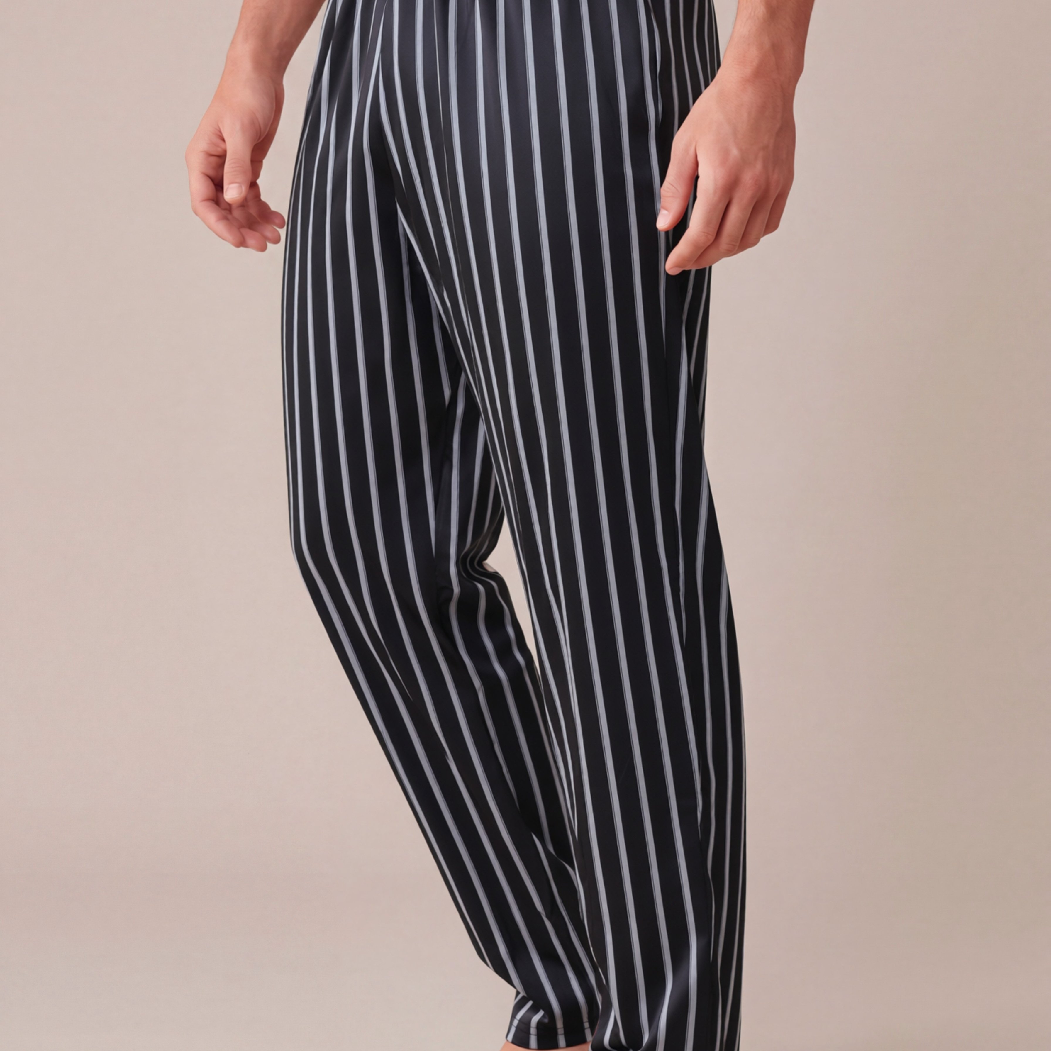 TEMU Men's Black Striped Print Pajamas, Classic Element Print , Soft And Comfortable Fabric