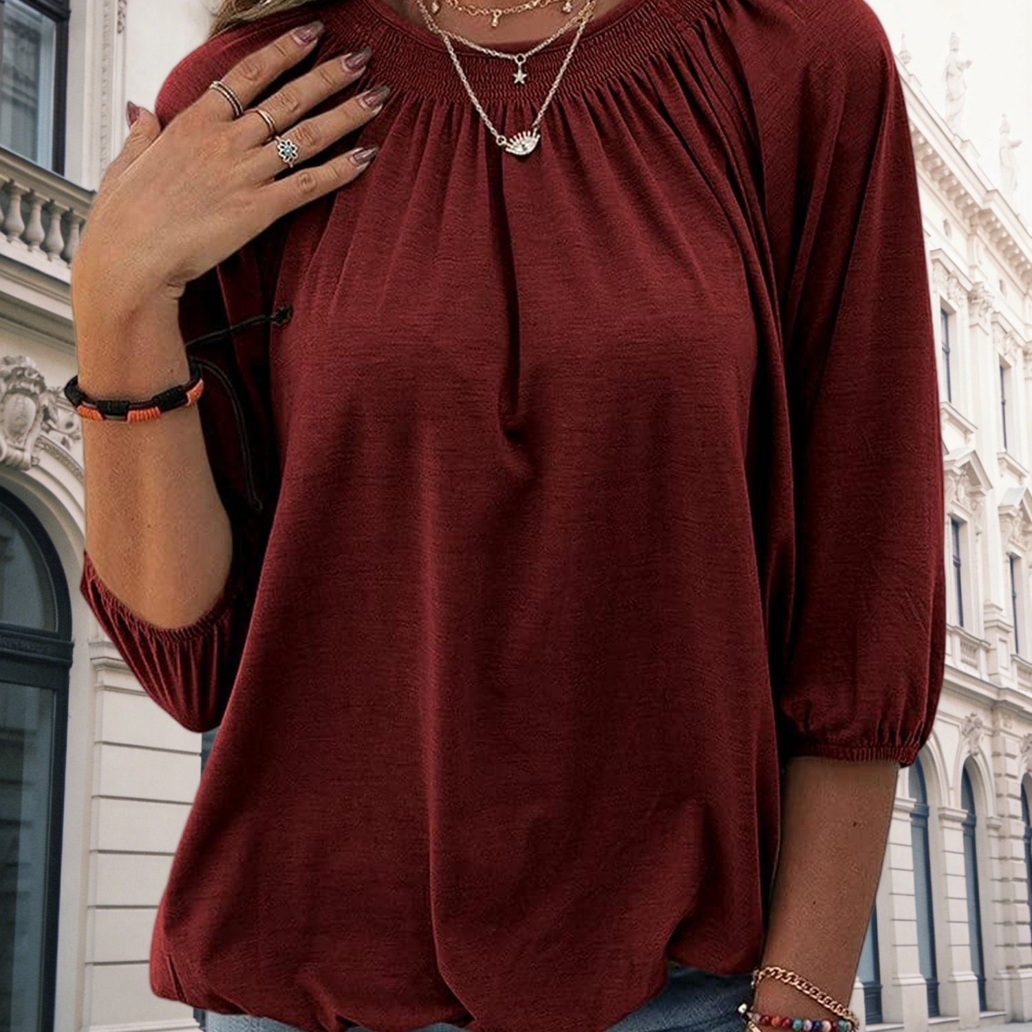 Image of Women's Crew Neck Casual T-shirt - Loose Pleated 3/4 Sleeve Basic Blouse Top