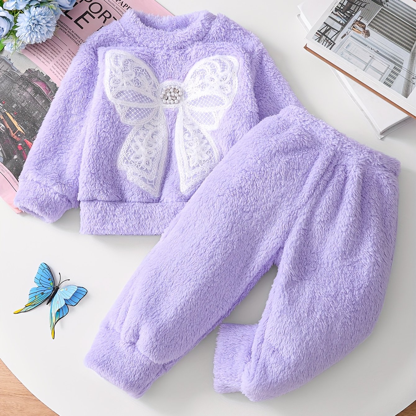 2pcs Set Baby Girl Spring And Autumn Creative Mesh Bow Pattern Comfortable Round Neck Long-sleeved Pullover Plush Top + Soft Solid Color Trousers - Suitable For Girl Set