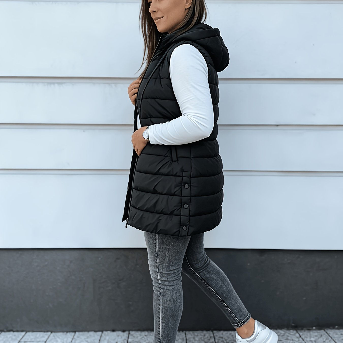 TEMU Gilet élégant mi-long à capuche pour femme grande taille, veste épaisse, stylée, chaude et coupe-vent pour et l'hiver, convient pour un usage ,