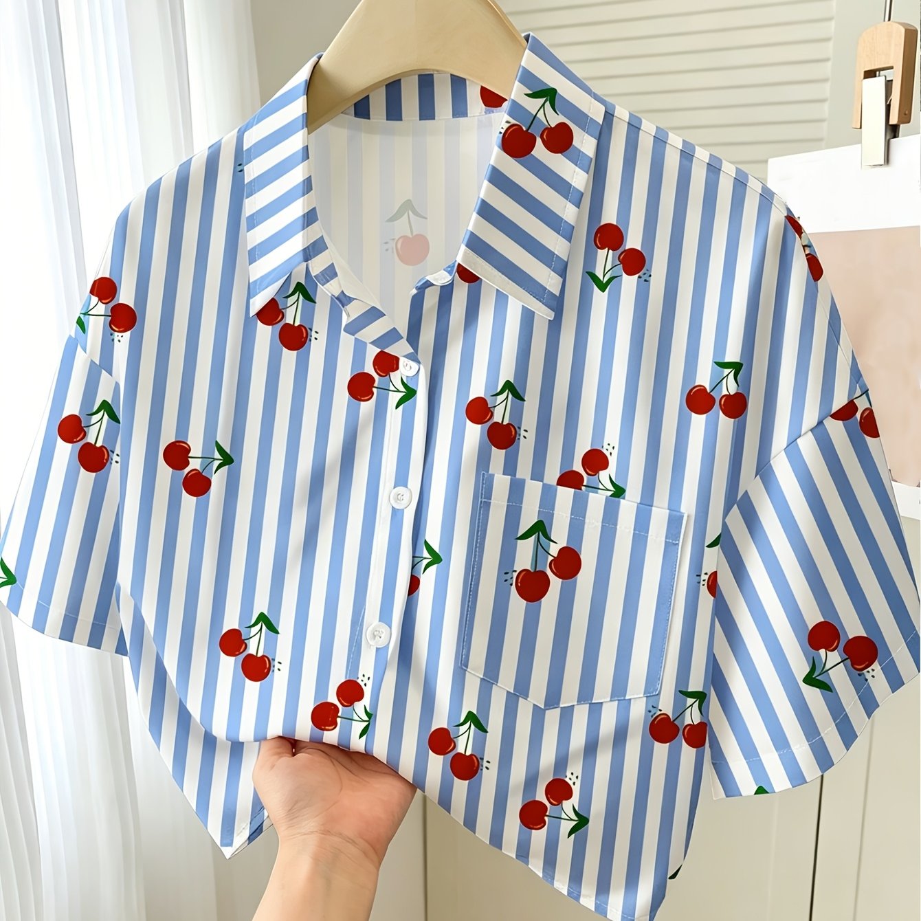 TEMU Striped Print Shirt Collar Short Sleeve Button Loose Fit Casual Women's Wear