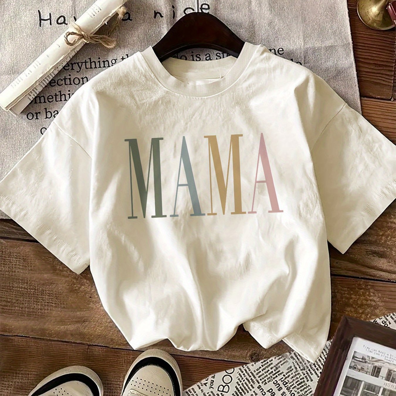 TEMU Mama Letter Print White T-shirt, Short Sleeve Crew Neck Casual Top For Summer& Spring, Women's Clothing, Pure