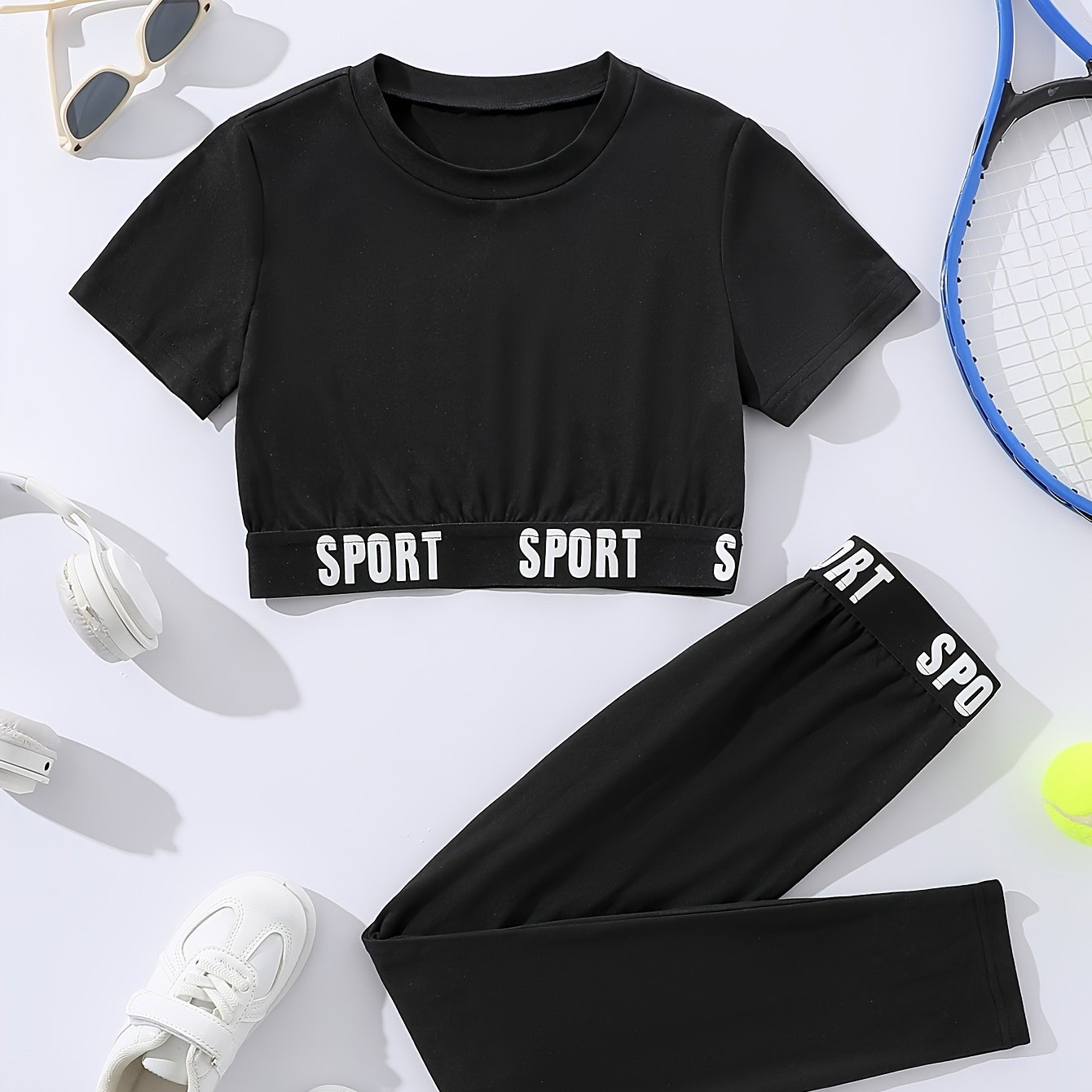 Girls' Two-piece Set: Fashionable Round Neck Solid Color Straight Short Sleeve Regular Sports Top + Slim Fit Ankle-length Pants Summer Casual Sportswear Outfit, Perfect For Outdoor