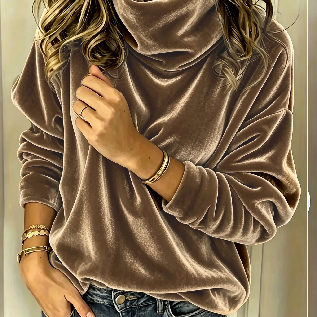 TEMU Women's Slouchy Turtleneck Long-sleeve Top, Loose And Draped Pullover Base Layer, Lazy And High-neck Sweatshirt, Versatile Casual Inner Or Outer