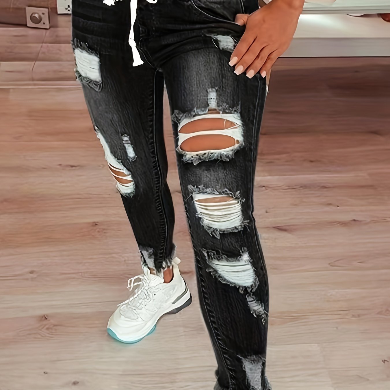 Plus Size Women's Denim Pants Elastic Pants Elastic Waist Pants Ripped Jeans