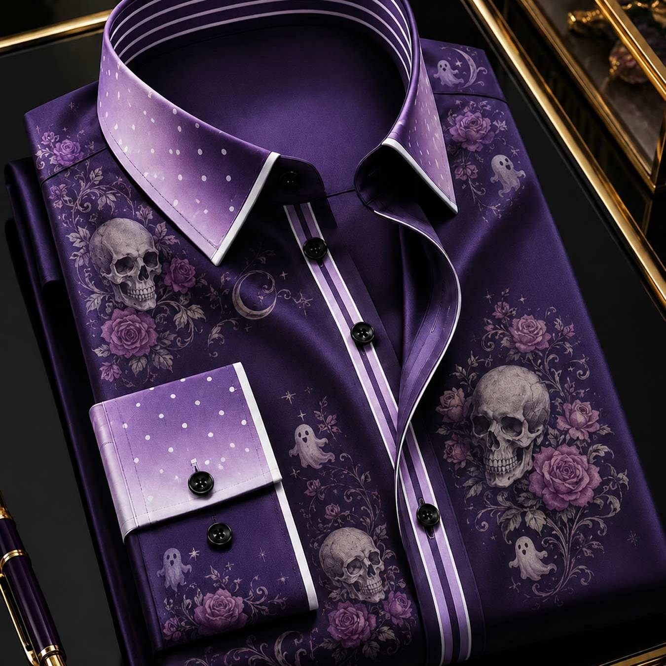 Image of Halloween Men'-button Collar Long Sleeve Shirt, Skull And Rose Print Trendy Style Suitable For Parties , Plus Size