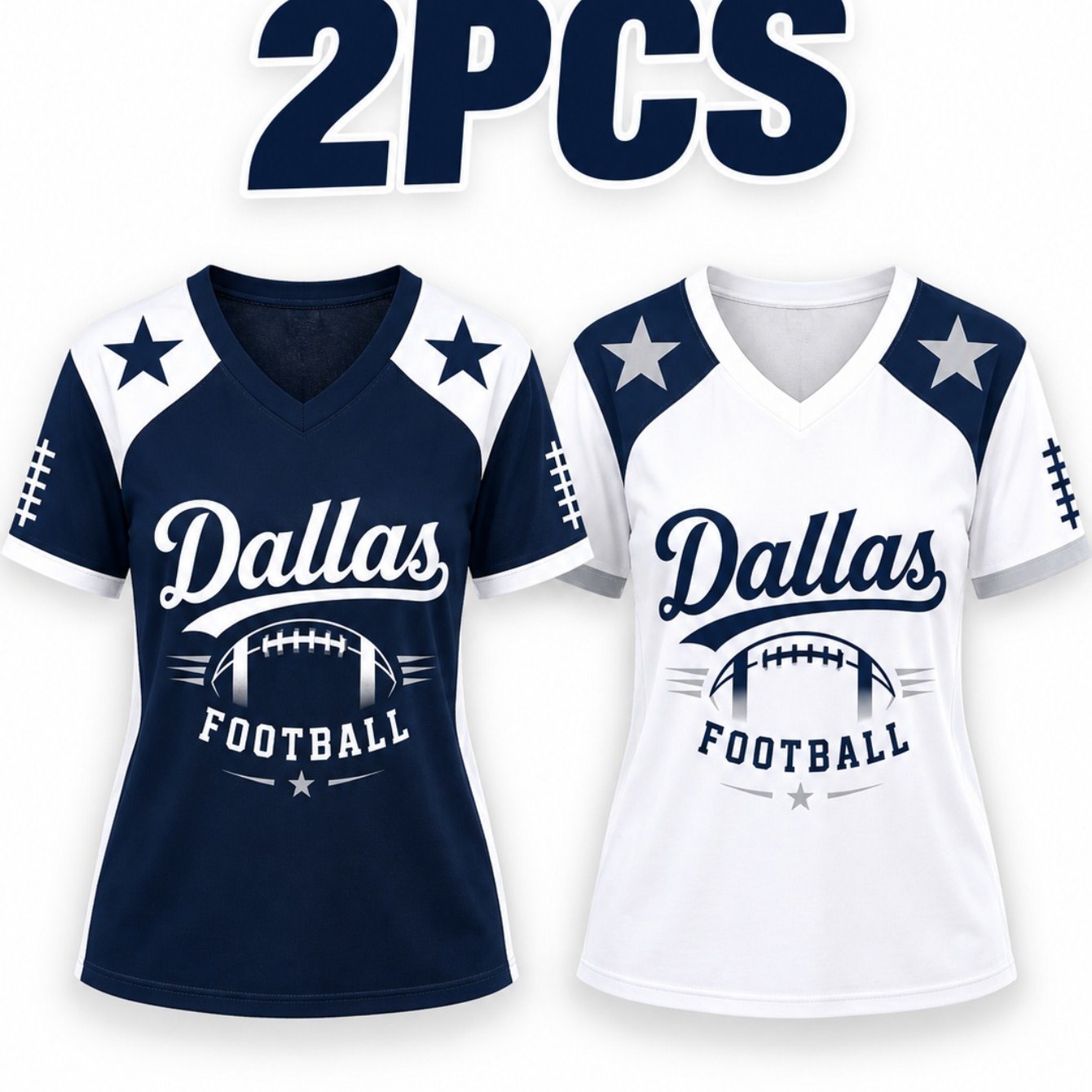 TEMU 2pcs Women' T-shirt - Full-body Print V-neck Short Sleeve Shirt, Navy & White Colorblock Suitable For Game Day Outfits, Casual Summer Wear,