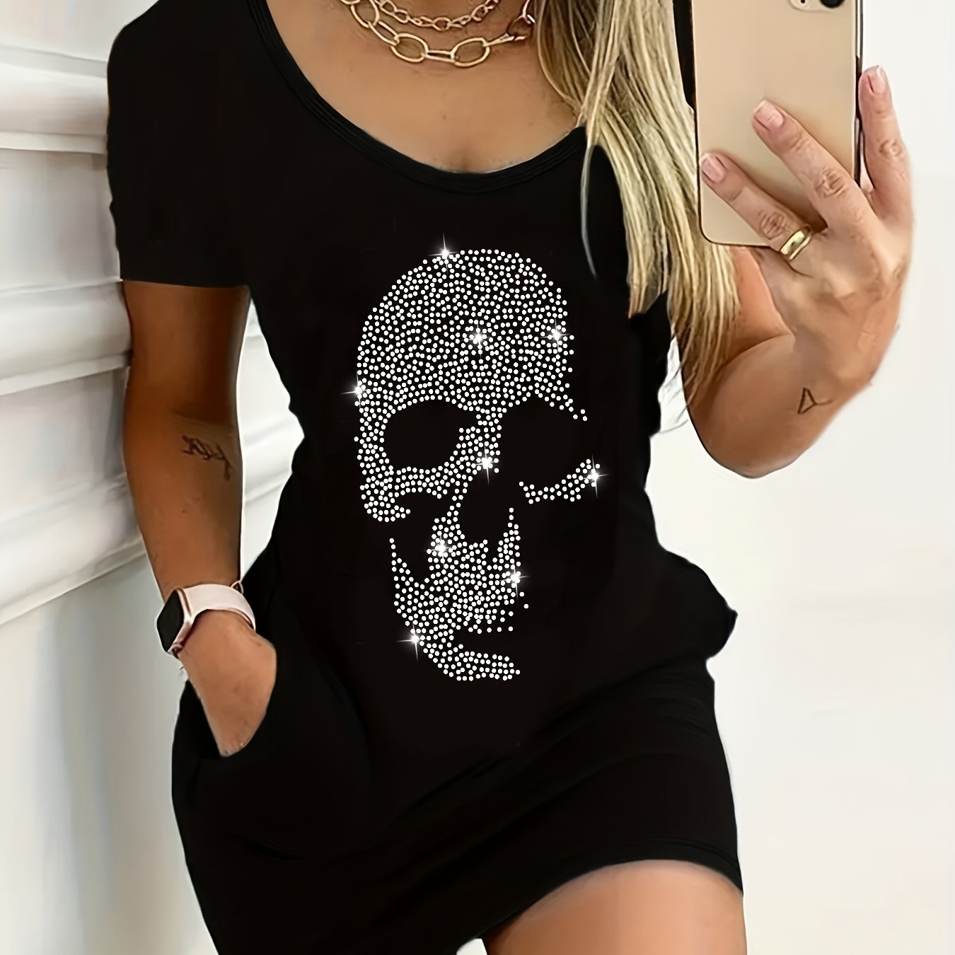 Image of Elegant Women's Short Sleeve Sequined Pocket Bodycon Skirt, Fashionable Women's Skull Rhinestone Pocket Dress