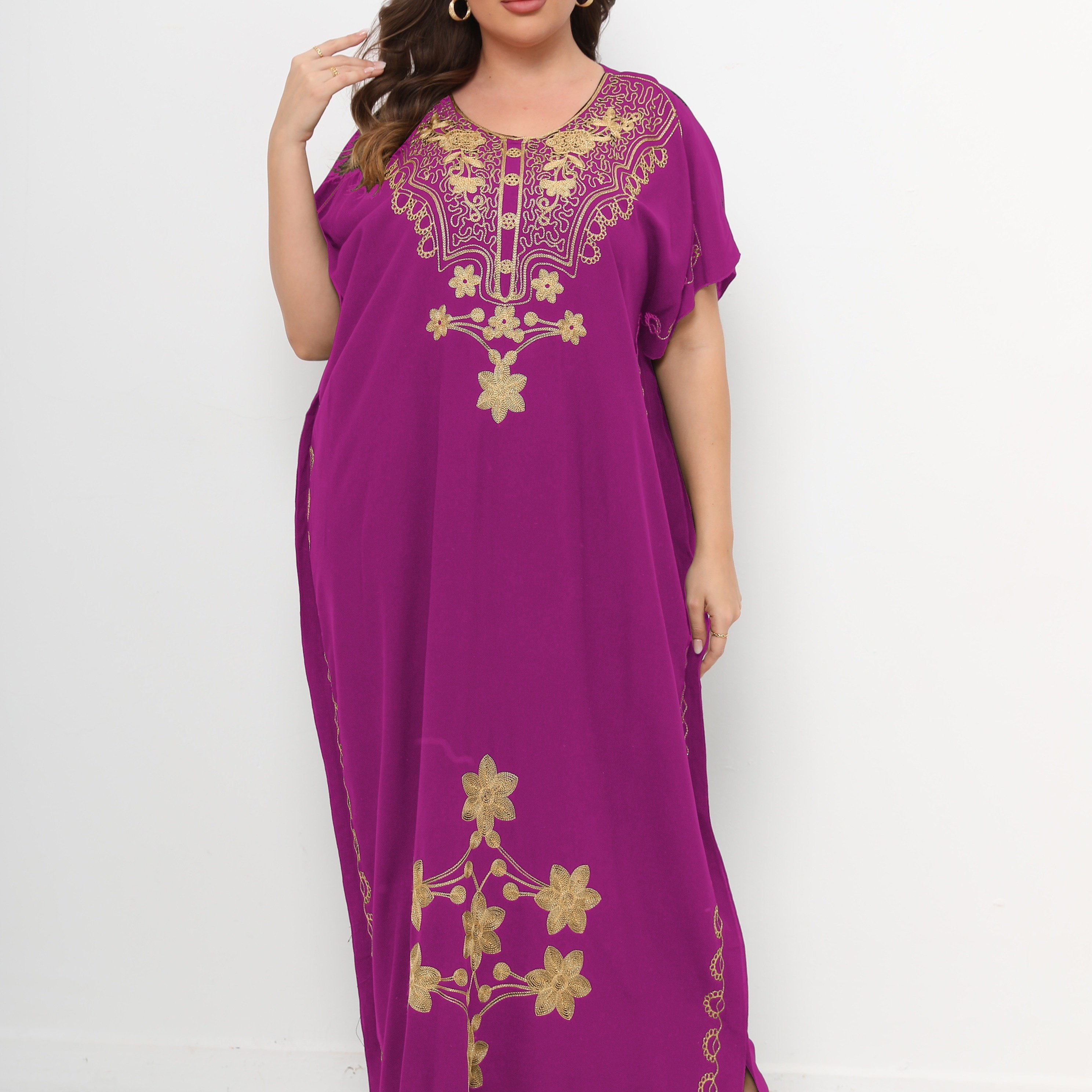 ramadan plus size elegant kaftan dress womens plus floral print bat sleeve round neck maxi kaftan dress