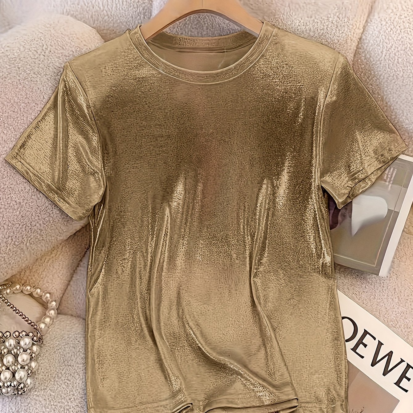 TEMU Women's Glitter Solid Round Neck Short Sleeve T-shirt, , Elegant Exquisite Flowing Slight