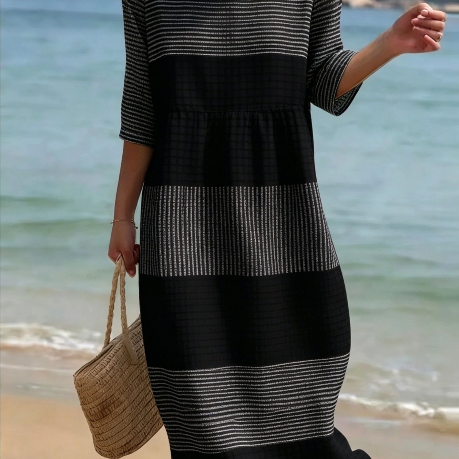 Image of Plus Size - New Arrival Women's Plus Size Round Neck Midi Dress Outdoor Streetwear All Over Print Summer Cool Comfortable Fashion Versatile Design Sense Blue Spliced 3 Quarter Sleeve Long Dress