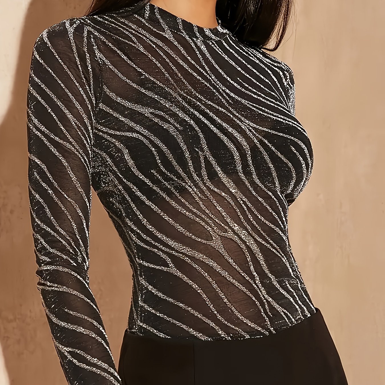 TEMU Haut à manches longues style pour femmes, chemise imprimée transparente, T-shirt moulant en rafraîchissante et tendance