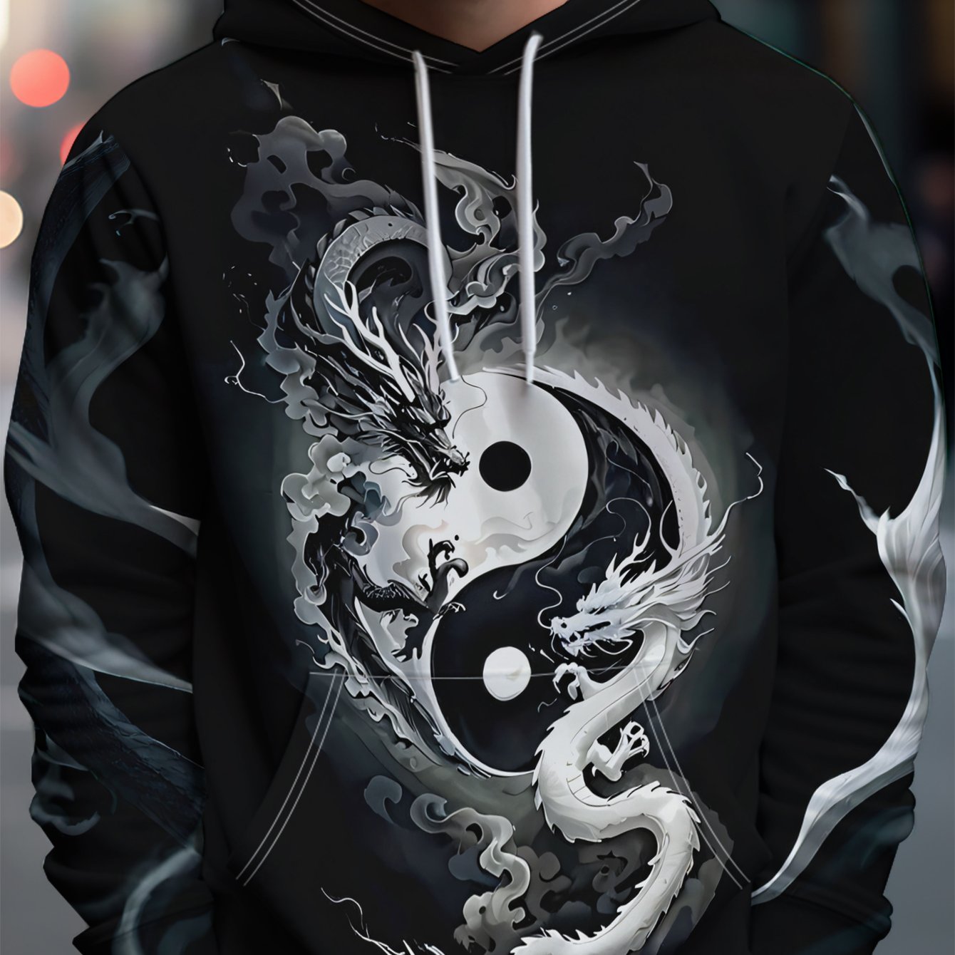 TEMU Men's Streetwear Brand Hooded Sweatshirt With Black And White Encircling Tai Chi Yin Yang - Full Of Streetwear Brand Style, Rich In Pattern