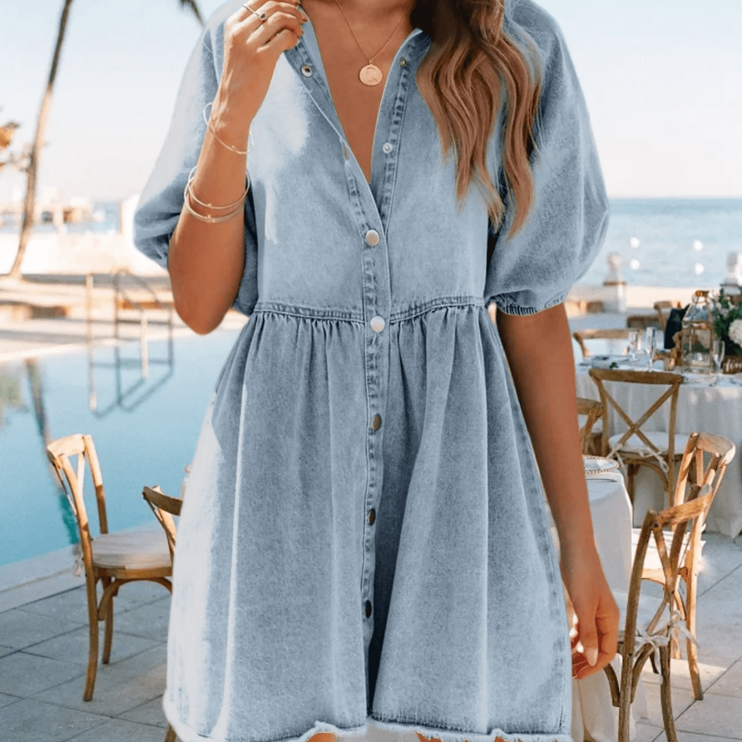 Image of Women's Spring Summer Jean Denim Button Puff Short Sleeve Babydoll Flowy | , Non-stretch Fabric, Solid Color, Button Details
