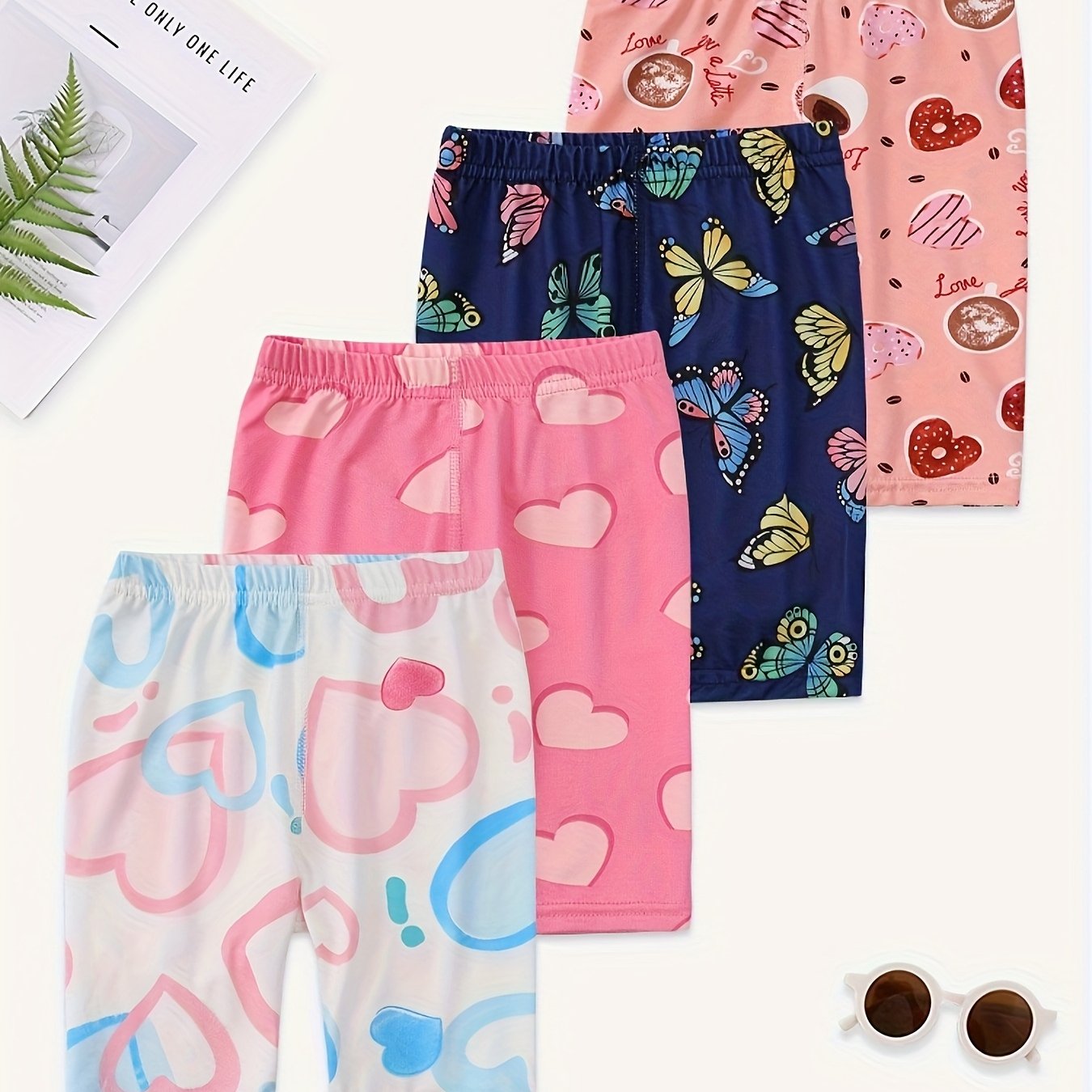 Image of 4-pc Girls' Leggings, Summer Mid-big Kids Girls Colorful Heart Donut Pattern Bermuda Shorts Elastic Waistband All-match Outdoor Girls Casual Sports Shorts Anti-exposure Slim Lightweight, For Outdoor