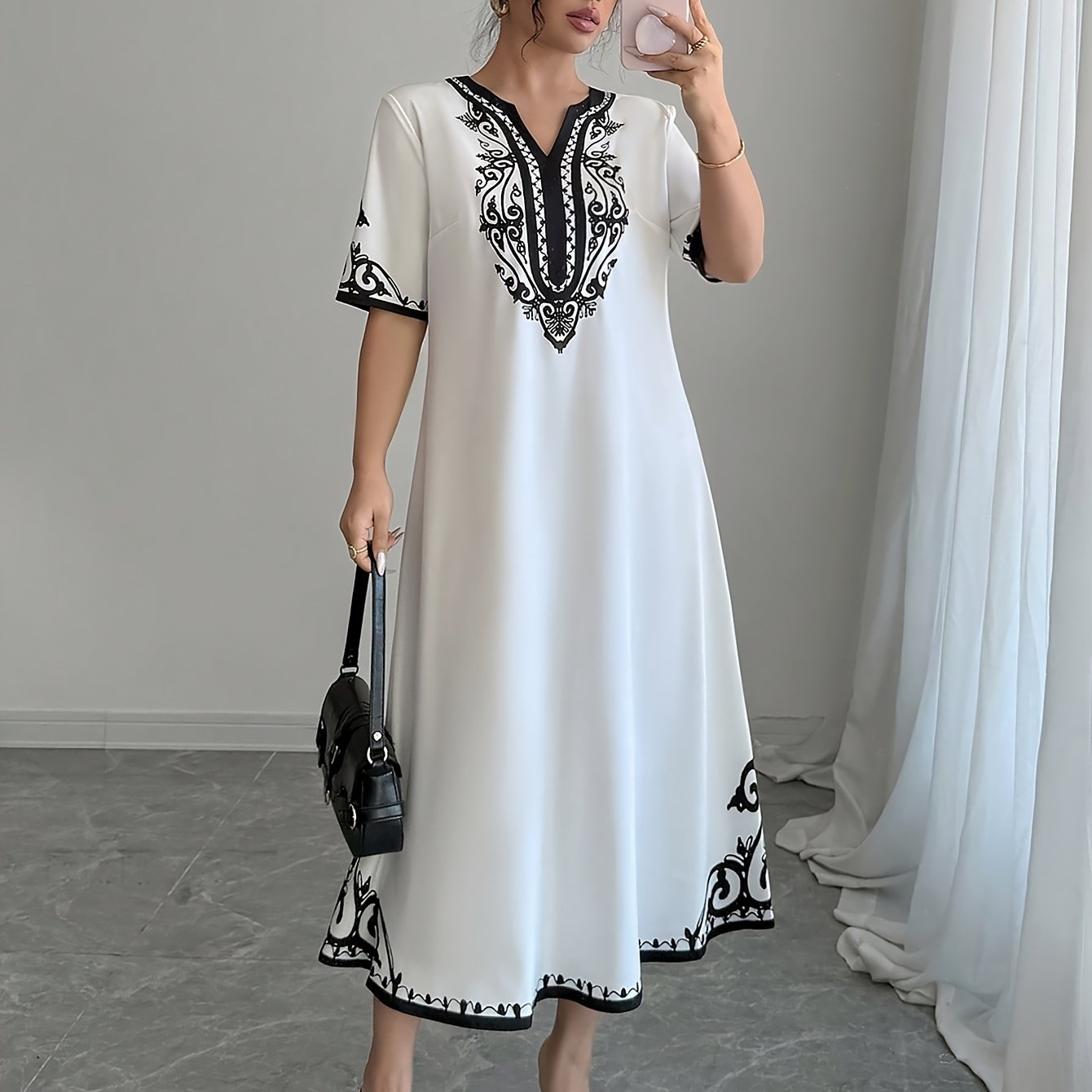 TEMU Élégante robe-tunique vintage à col en V | Imprimé color block, parfaite pour /été/automne, convient aux femmes adultes